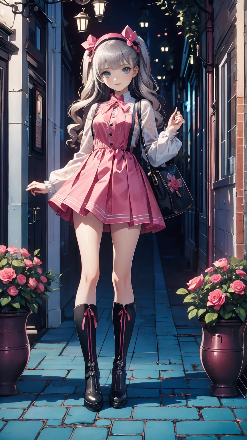 ( masterpiece : 1.2), (    very detailed: 1.2), (    very detailed CG: 1.2), (    high image quality: 1.2), (最    high image quality), 8k,    animated illustration   , 、     beautiful girl 、とても  cute天使、    pink gothic dress 、  cute、、smile、    long skirt、   Black Long Boots   、 grey pink pants  ，Turquoise Eye，  cute女性 ，street，   Candy Store   ， sign，European Buildings，Slate pavement，Rose flower，
