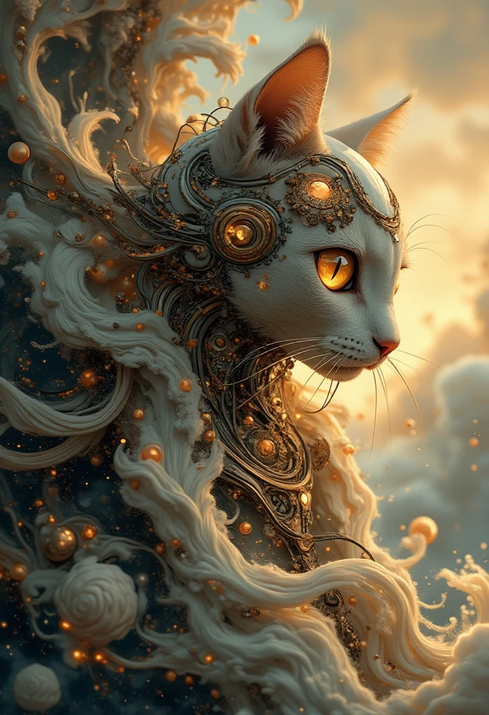 Futuristic,  complicated, organic,  mechanical elements integrated into the cat's design . The cat、 that looks like it merges with swirling、I have flowing brown hair ,  has a cloud-like texture , And cat skin 、 The overall beauty、 cyberpunk fusion ,  and fantasy , Shine,  has otherworldly highlights and soft ,  dreamy background . The atmosphere is mysterious,  elegant , universe、galaxy
