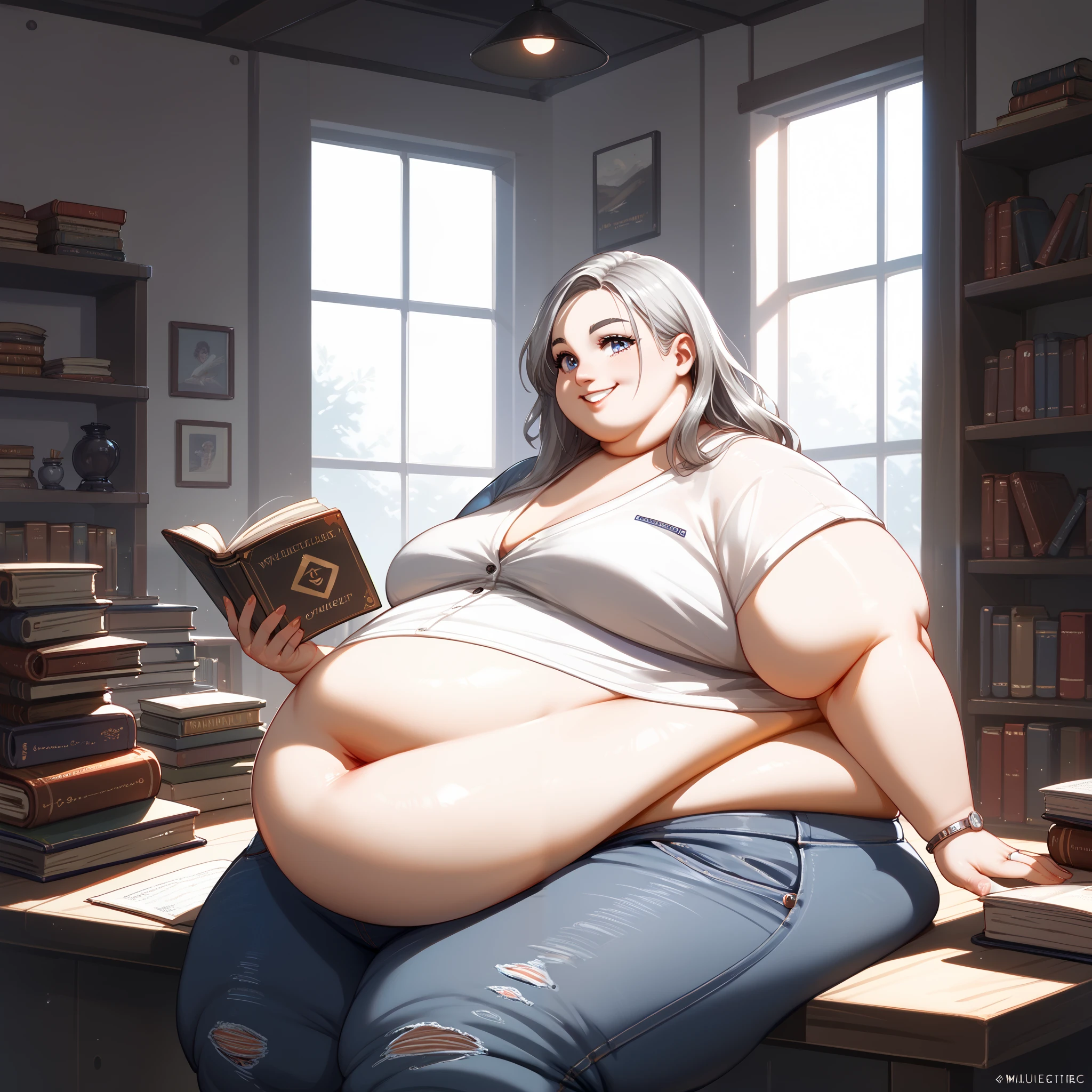 One huge fatty girl, , bottom heavy, belly overhang, reading a book, volumetric lighting, (detailed background), (inside a dark bar) skinny jeans, (small smile, arched eyebrow), regal nose, large upper lip, small eyes, (mullet hairstyle), wearing silver rings on her fingers, one hand on her belly, mullet hair, cardigan, 
mullet-cut, obese girl