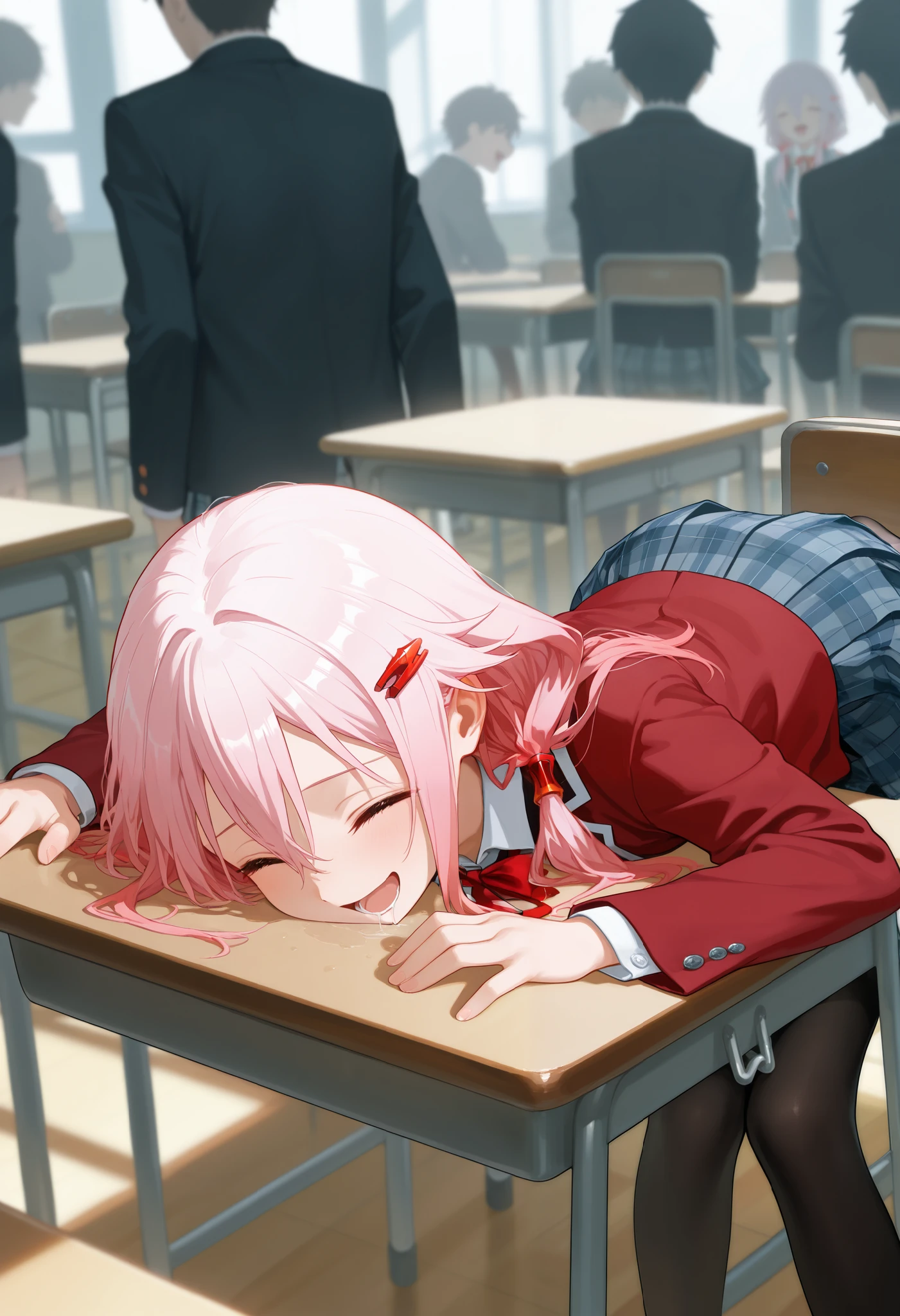 masterpiece,best quality,amazing quality,very aesthetic,absurdres,newest,
Yuzuriha Inori,1girl,classroom,lying on the table,head tilted,school uniform,plaid skirt,black_pantyhose,sit on a chair,face on the table,eyes closed,saliva flowing on the table,crowds,laughing,