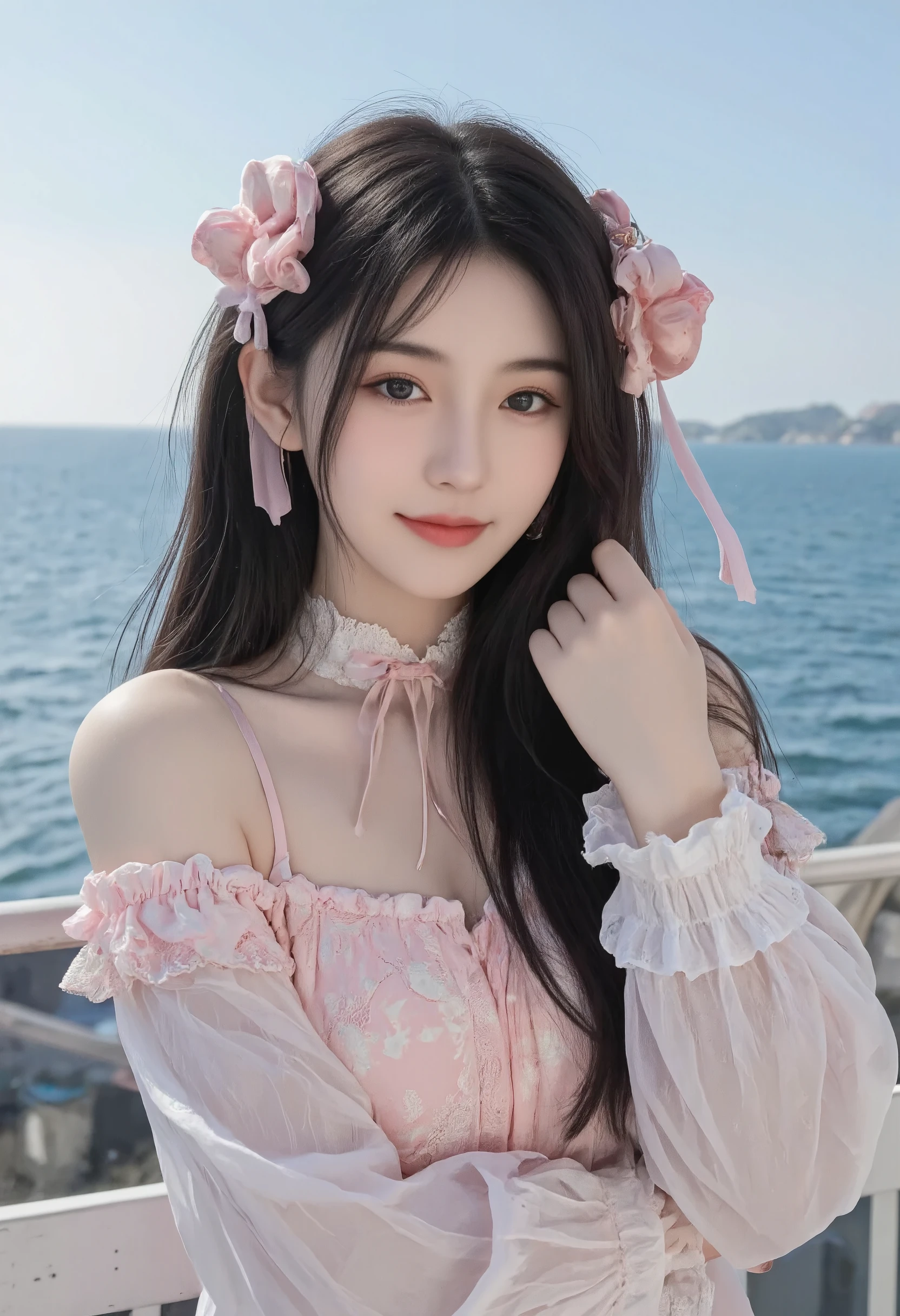 beautiful girl、19 years old、(gothic fashion)、beautiful face, Exquisite details of eyes and skin、fine black shiny hair、Classy ruffles、frilled tie、ribbon tie、rose hair accessories、(smile at the camera)、(cowboy shot)、(sea of europe)、professional lighting、break、(realistic、Photoreal:1.37)、8K、(masterpiece)、(highest quality:1.4)、(Super high resolution:1.2)、 (Raw photo:1.2)、(delicate lace、soft fabric、beautiful rose pattern dress)、perfect anatomy、4 fingers and 1 thumb、seaside background、(Wallpaper by Unity 8K)