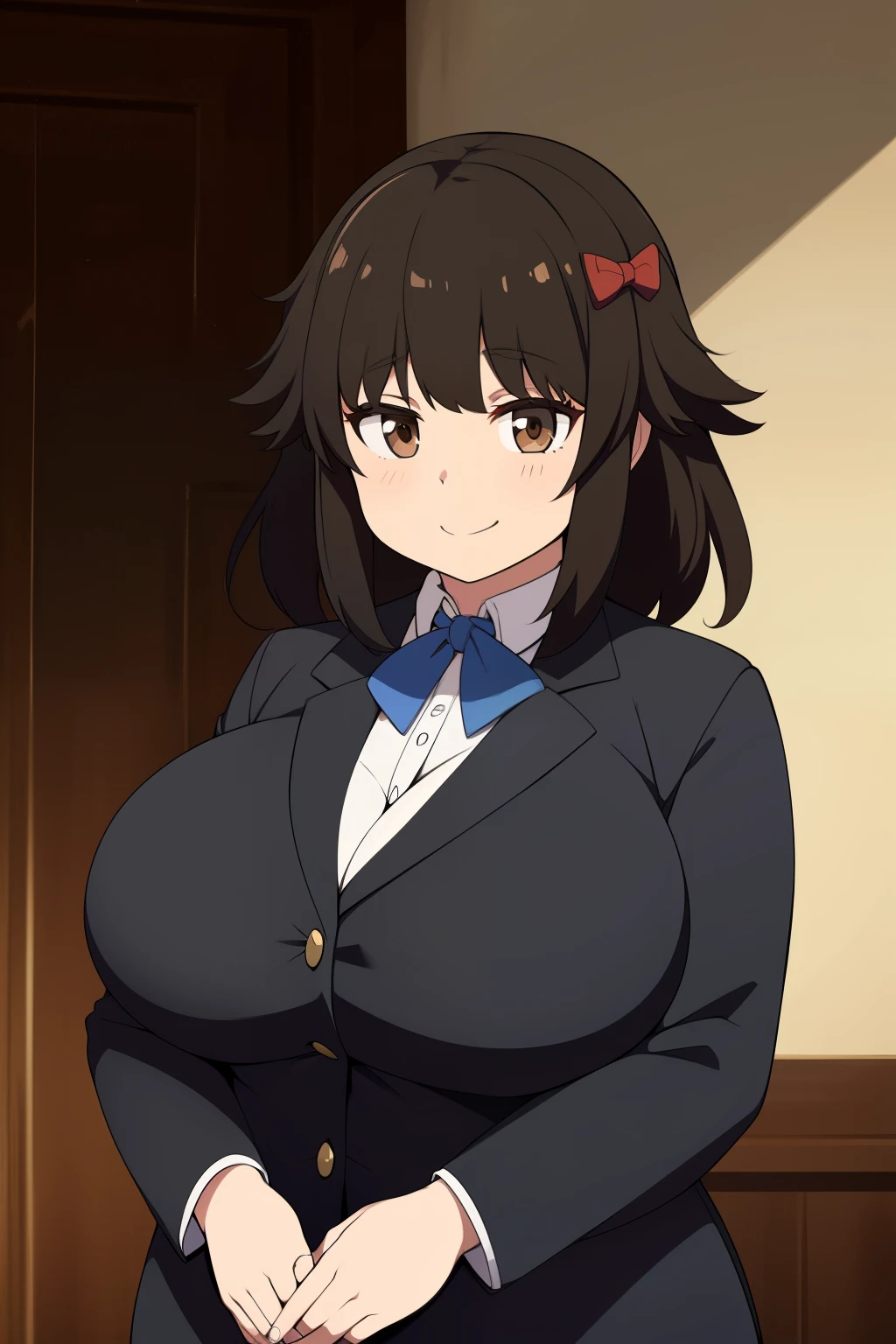 Chubby girl with big breasts brown eyes long and messy black hair smiling Jinako Carigiri elegant black suit