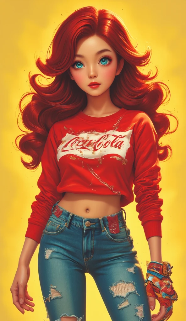  A beautiful young Korean woman .
 red hair , floor-length , Curls, Travel, fluttering.
 crystal blue eyes , incandescent.
 Full and voluminous lips in red color . 
makeup.
toys.
 Red sweatshirt with the  "coca-cola".
 jeans "Levis ", tight,  logo showing the entire contour and volume of the body . 
Chameleon-colored sneakers . 
He is smiling.
 full body .
 Simple yellow background .
(anime style 32K, 3d, HDR, UHD, intricate detail, extremely intricate detail, hyperrealistic, extremely realistic, high quality,   vivid color  , extremely detailed).