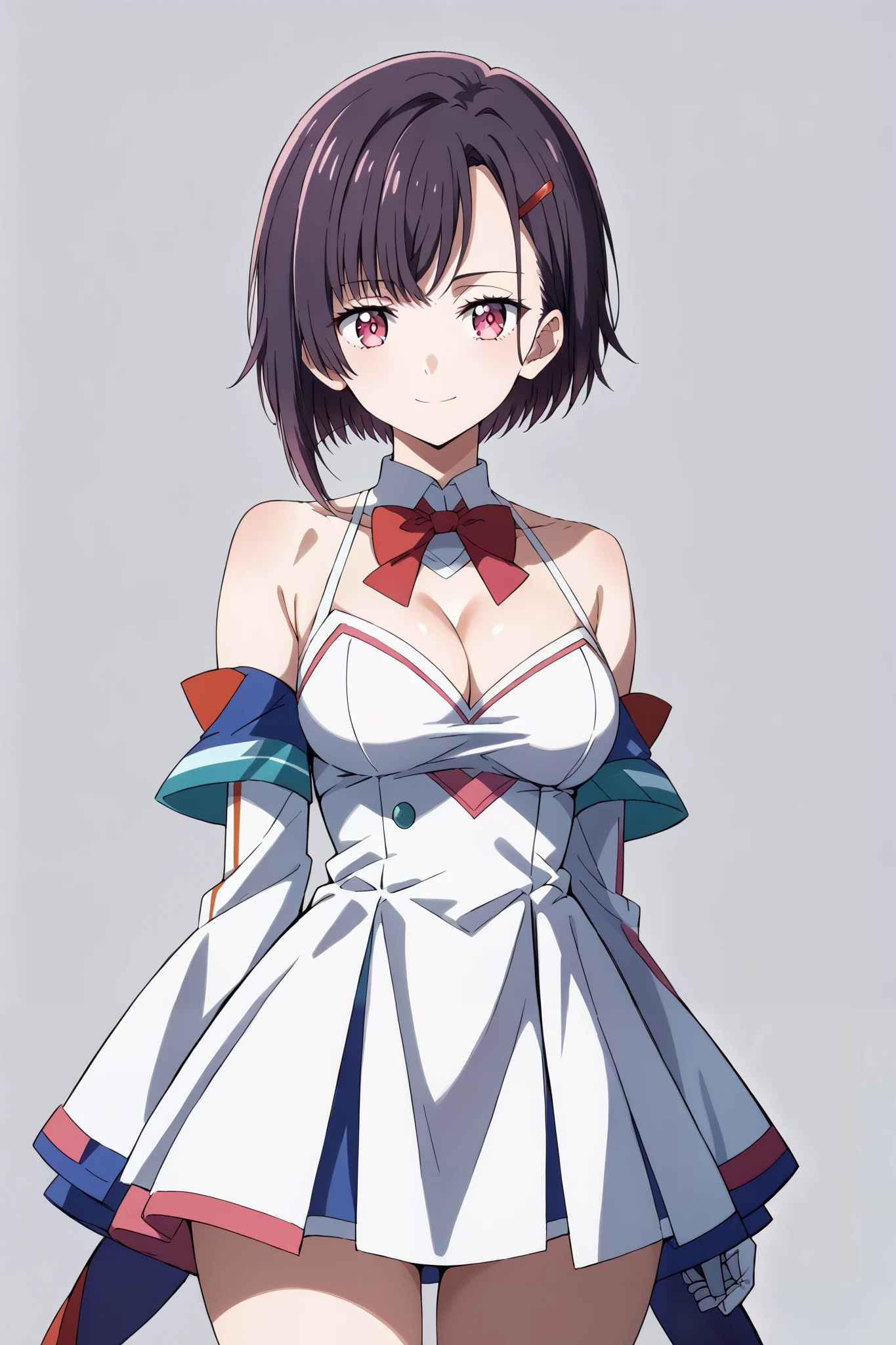 score_9, score_8_up, score_7_up, source_anime, 4K,perfect fingers,(perfect hands, perfect anatomy),prefect lighting, very aesthetic, intricate details,highly detailed background, masterpiece, high quality, best quality,
1girl,solo,shizukamikazuki, shizuka mikazuki, short hair, purple hair, hair ornament, hairclip, pink eyes, swept bangs, 
wearing ((halterneck,detached collar,white dress,bare shoulders,cleavage, clothing cutout,red bowtie,detached sleeves,white gloves,      )),
looking at the spectator, cowboy shot, filed, Arms Behind Back, high thigh individual , (large breasts:0.9),Stand up,fullbody,((White plain background:1.5)) ,smile,((front look:1.5)),