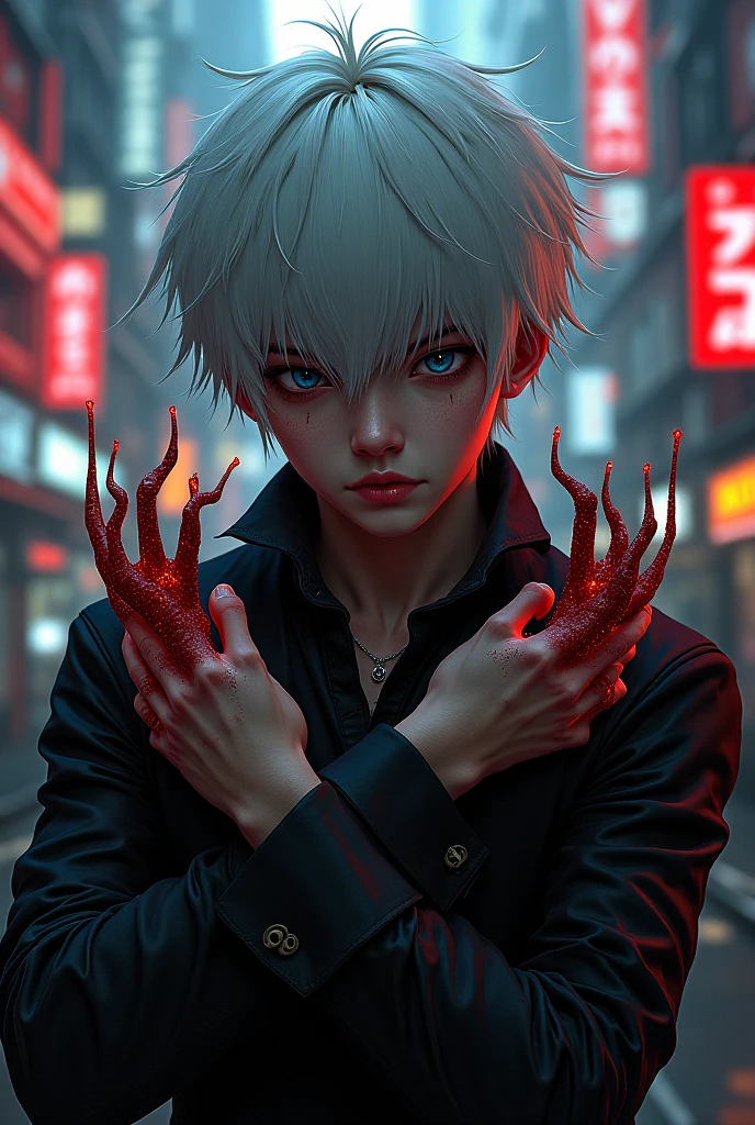 ((best quality)), ((​masterpiece)), (detailed), (Full body), perfect face, a beautiful and sexy demon boy, he has white hair and sky blue eyes, his teeth are sharp and pointed. His hands are stained with blood.