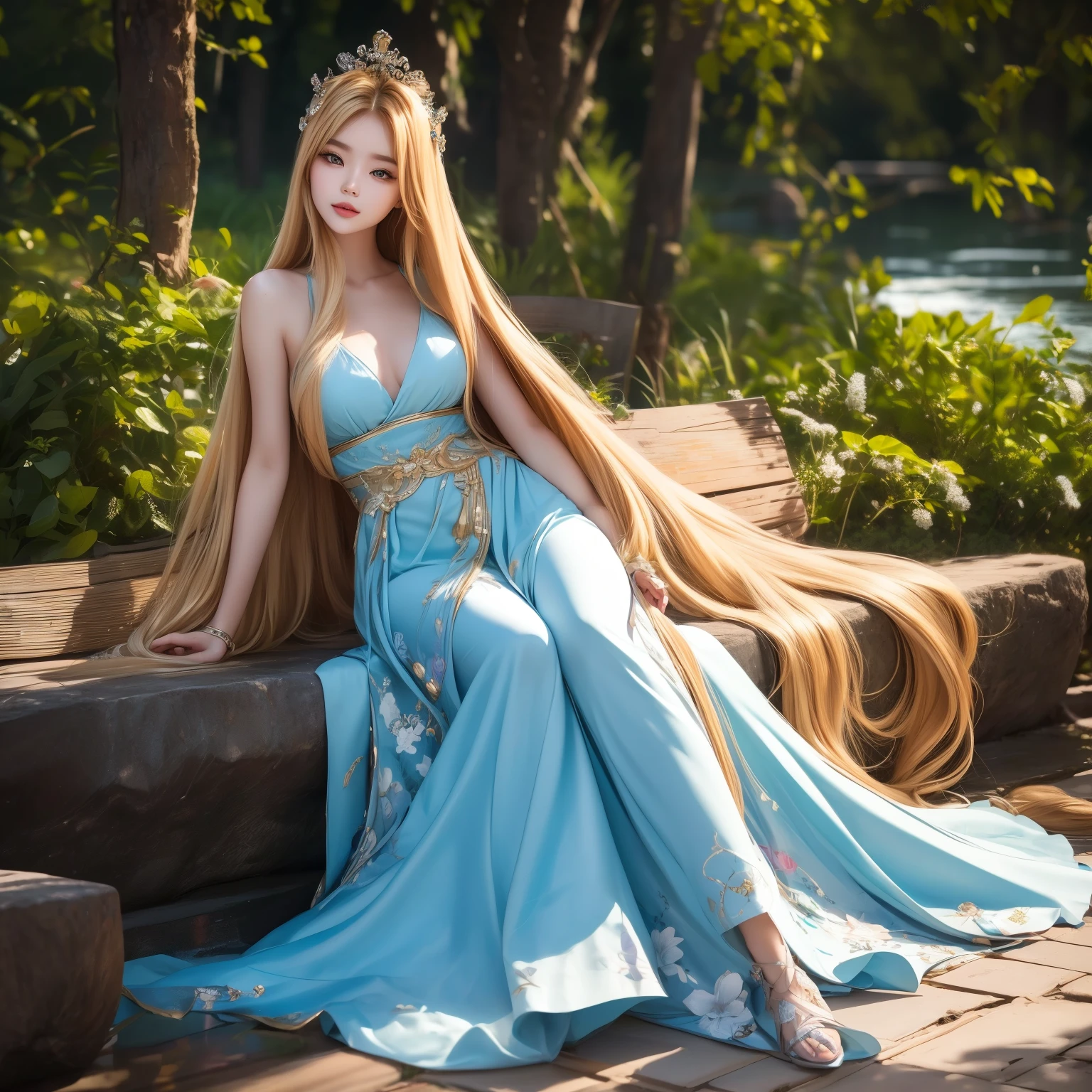 (最 High Quality 。 High Quality 。 Highest Resolution 。 super realistic pictures 。 full body portrait 。) A beautiful woman with super long hair is lying face down on the 。 More beautiful than a beautiful actress 。A beautiful woman has very long hair 。 beautiful young woman 。 She has a cute and beautiful face 。 her hair is about 10 meters long 。 The length of her hair is much longer than her height 。She is 23 years old 。 The most beautiful face in the world 。The longest hair in the world 。 she's a winner of the World Long Hair Contest 。 very rich hair 。Very large amount of hair 。 very shiny hair 。Take a picture of her long hair up to the tip 。 all images of her 。 her hair is about 10 meters long です。 Her long, beautiful hair is a symbol of female beauty 。 Seductive Proportions 。 slender body 。smile。 She is an ultra long-haired model 。 and she's challenging how long human hair can grow。 in a quiet lakeside forest where she is the only one 。Beautiful flowers are blooming all around her 。She is standing。She stood beside the lakeside and 、 proudly lowered her long hair、 who pulls up her hair with her arms and smiles 。 Her hair about 10 meters long is very attractive 。Her very long hair is flowing down the lakeside ground。 straight blonde hair 。All of our female customers in underwear or naked 。