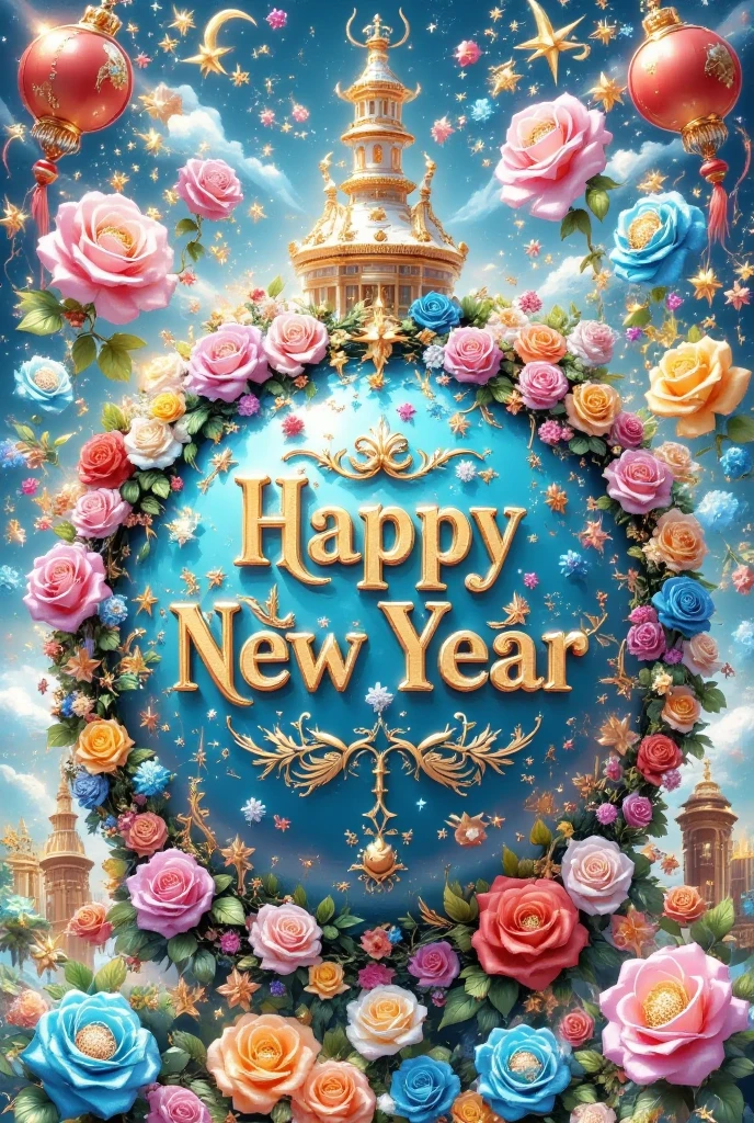 new year theme, "Happy New Year" written in middle golden decoration letters at the middle of the screen, A vibrant, colorful image of a globe surrounded by symbols of peace, prosperity, and understanding. The globe should be filled with smiling faces of people from all walks of life, united in harmony. The background should be a soft, calming blue, symbolizing hope and tranquility, represents my wish for a world where everyone feels safe, respected, and connected,