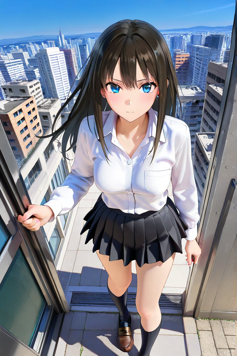 ( super realistic pictures, RAW photos  , realism, 3d rendering ,Unity Engine), BRAEK ( one girl ,**yo,Shibuya Rin, black hair,  green eyes,  long hair,(medium breasts:1.2),black skirt , black socks, collared  shirt, green Thailand, Knee-length,  Long Sleeve  , mini  skirt , Thailand, pleated  skirt ,  school uniform,  shirt,  skirt , socks, stripe, stripeThailand, white  shirt), break アウトドア, cityscape, break (from above, looking at viewer, face focus)