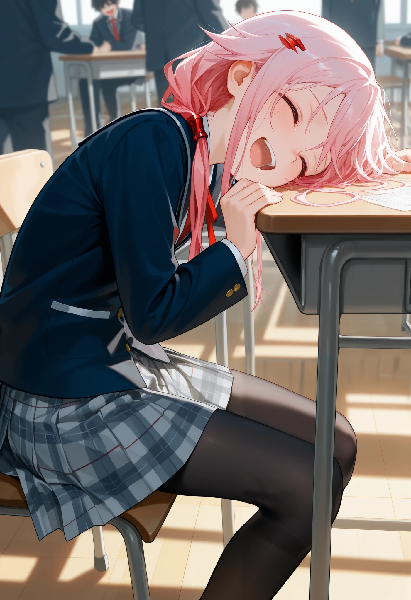 masterpiece,best quality,amazing quality,very aesthetic,absurdres,newest,
Yuzuriha Inori,1girl,classroom,lying on the table,head tilted,school uniform,plaid skirt,black_pantyhose,sit on a chair,face on the table,eyes closed,saliva flowing on the table,crowds,laughing,