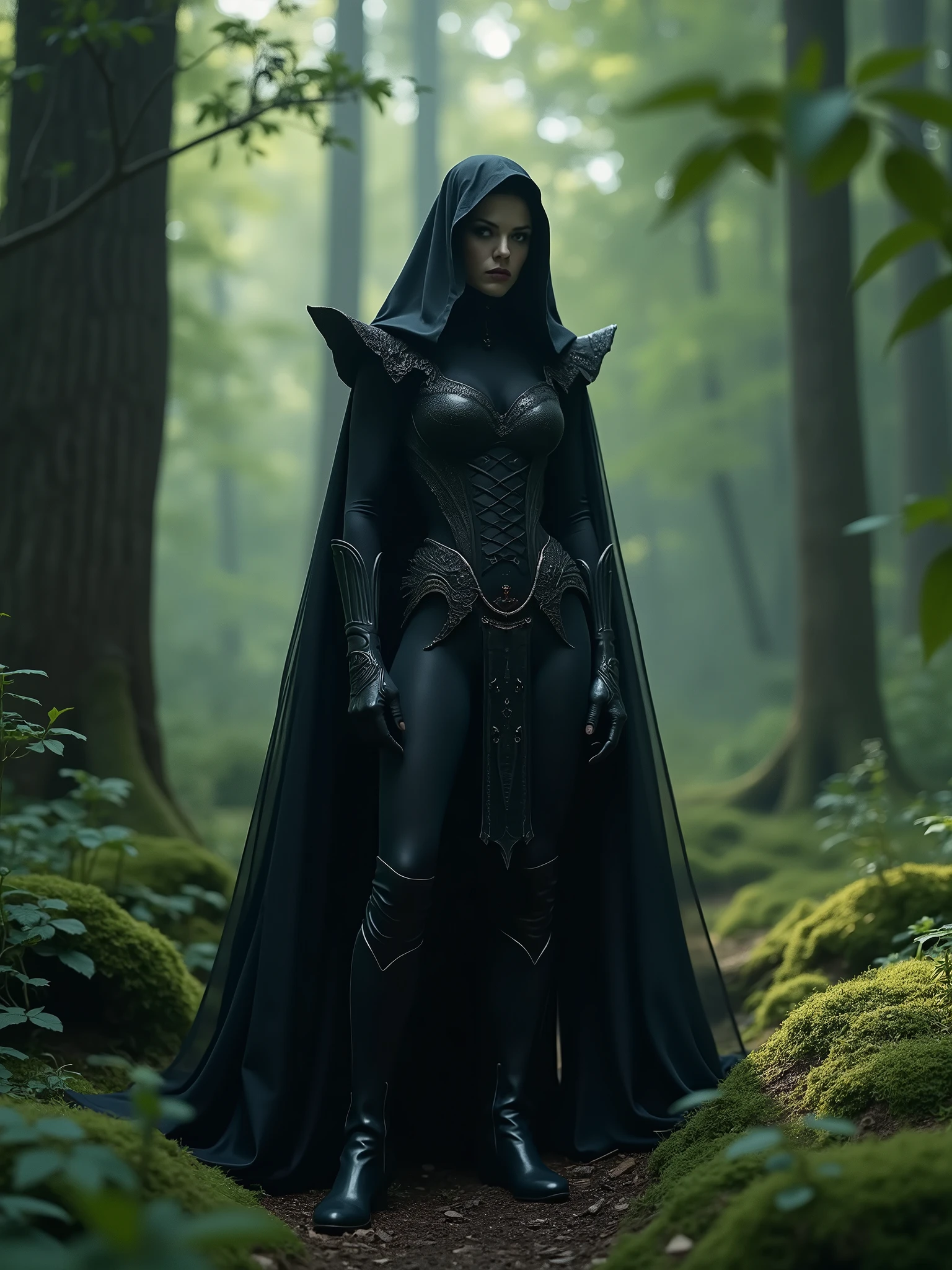 Create a stealthy elven rogue, with a black hooded leather outfit