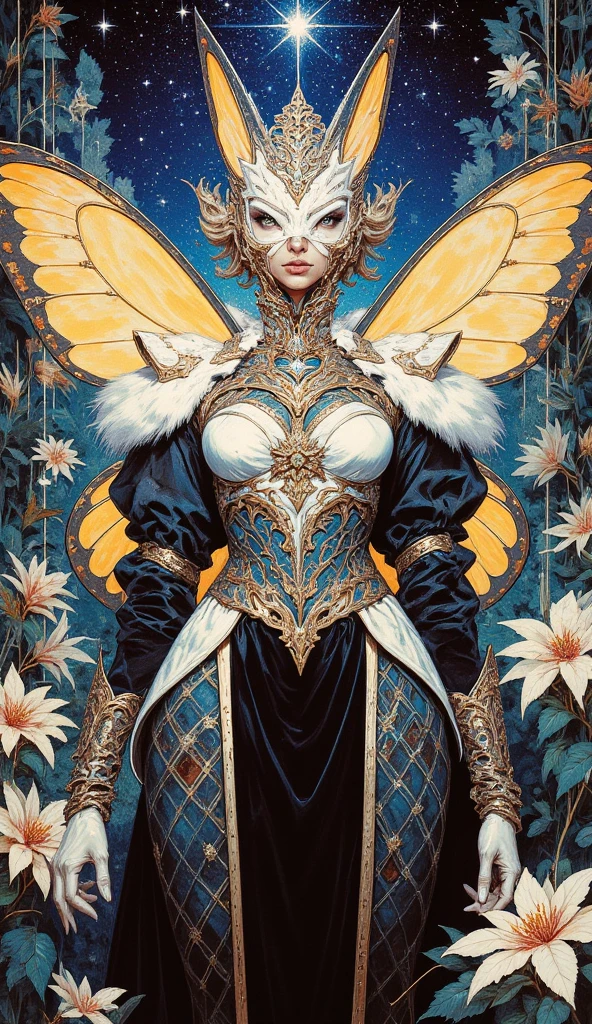 by Jamie Hawkesworth, Carl Moll, vector illustration of a close up of a Butterfree, it is Warlike, Seductive garden in background, Stars in the sky, Contemporary, Arte Povera, Tintage, Kodak UltraMax 400, F/5, CineColor, reedyart berry,  bodysuit, coat, corset, fantasy, floral, form-fitting, frilly, gothic,  gown, headdress, jumpsuit, lace, leather, leaves, luxurious, medieval, military-style, opulent, ornate, overcoat, pinstriped, plaid, poinsettia, puffy winter jacket, punk, red and white striped, ruffled, snowflake, steampunk,  trimmed with white fur, turtleneck sweater, velvet, Victorian, wings
cr33p,
