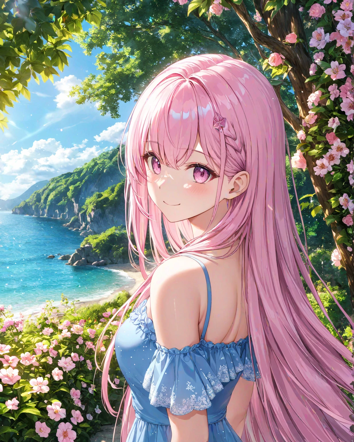 1girl, solo, Pink Shine Bright Hair, hair between eyes, Long hair, loose hair,beautifully styled hair, aesthetic detailed eyes, (Pink shiny Bright Eyes), looking at viewer,(pale cheeks), (skin colored cheeks), Mesmerise, Little smile, closed mouth, (half body, cowboy shot),  BREAK
(summer blue dress), ribbon, BREAK
garden, trees, flowers, sunny, blue sky, BREAK
HDR, 8K, masterpiece, best quality, amazing quality, very aesthetic, high resolution, ultra-detailed, absurdres, newest, scenery, 
masterpiece, scenery, aesthetic detailed background, best quality, game cg aesthetics, sharp focus, sharp details, beautiful detailed eyes, detailed skin, detailed hair, light particles,  photo background, depth of field, 
(masterpiece), best quality, ultra-detailed, 1024k UHD wallpaper, ultra-high resolution, depth of field, HDR, Ray tracing, RTX, high saturation, photon mapping, best texture quality, best compotitions, (extremely detailed CG 1024k wallpaper), High Details, Detailed face, Detailed Clothes, Ultra HD Photo, Perfect Face, expressive eyes, beautiful face like chris