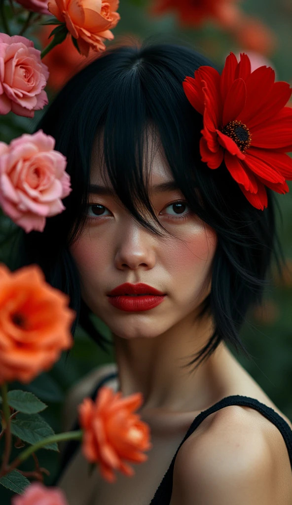 Woman's secrets whispered in twilight's hush: A Wong Kar Wai-esque close-up captures the mystery of a lone female, her raven tresses adorned with a vibrant red flower. Half-bodies entwined with pink and orange blooms, as if trying to conceal truths behind her striking red lips. One eye veiled, she gazes directly at us, collarbone and bare shoulders framing the beauty within. Shot on Fujifilm 100mm lens, filtered through film grain texture, color temperature set at 3200K, with a whisper of twilight's warmth.