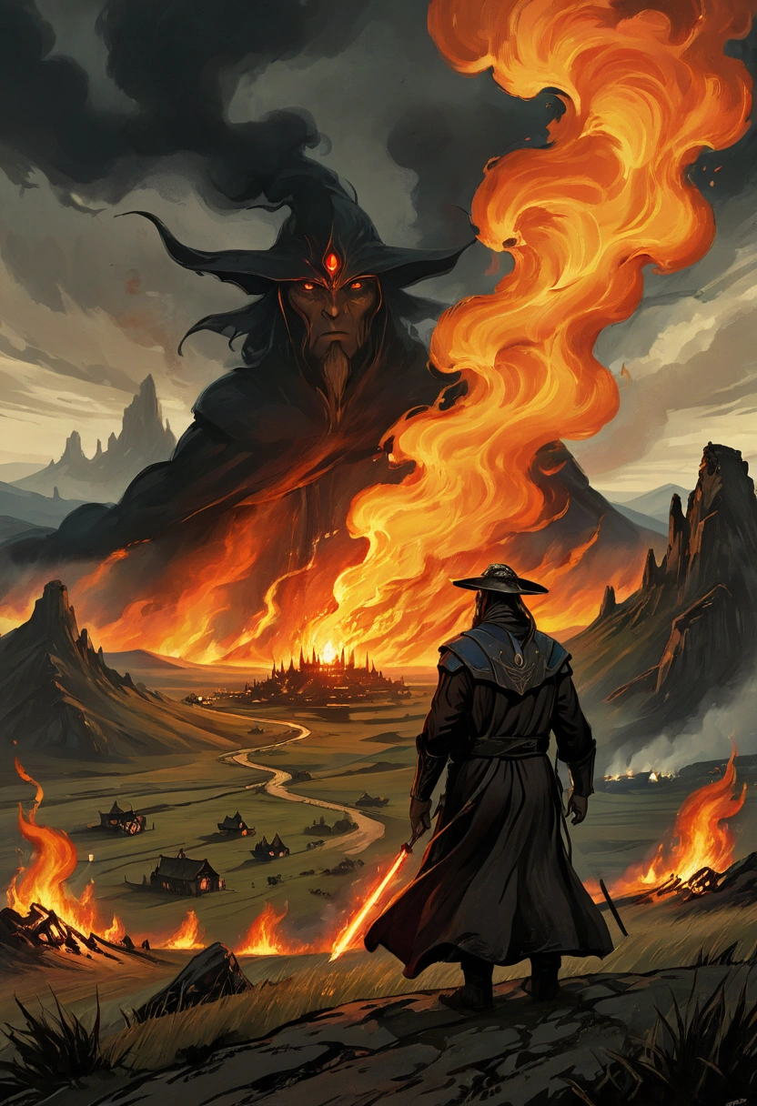 search poster  ,  simple sketch on parchment  ,  dark color painting ,  detailed facial features ,  sci-fi landscape, movie poster ,  cinematic  ,  masterpiece fails,  dark sorcerer on a hill ,  with burning villages in the background , magic, fire in the steppe 