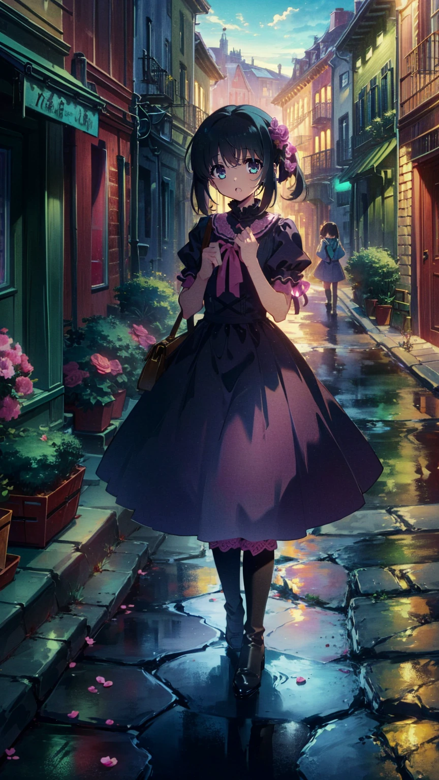 ( masterpiece : 1.2), (    very detailed: 1.2), (    very detailed CG: 1.2), (    high image quality: 1.2), (最    high image quality), 8k,    animated illustration   , 、     beautiful girl 、とても  cute天使、    pink gothic dress 、  cute、*********、smile、    long skirt、   Black Long Boots   、 grey pink pants  ，Turquoise Eye，  cute女性 *****，street，   Candy Store   ， sign，European Buildings，Slate pavement，Rose flower，
