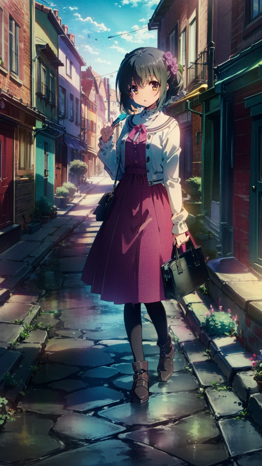 ( masterpiece : 1.2), (    very detailed: 1.2), (    very detailed CG: 1.2), (    high image quality: 1.2), (最    high image quality), 8k,    animated illustration   , 、     beautiful girl 、とても  cute天使、    pink gothic dress 、  cute、、smile、    long skirt、   Black Long Boots   、 grey pink pants  ，Turquoise Eye，  cute女性 ，street，   Candy Store   ， sign，European Buildings，Slate pavement，Rose flower，
