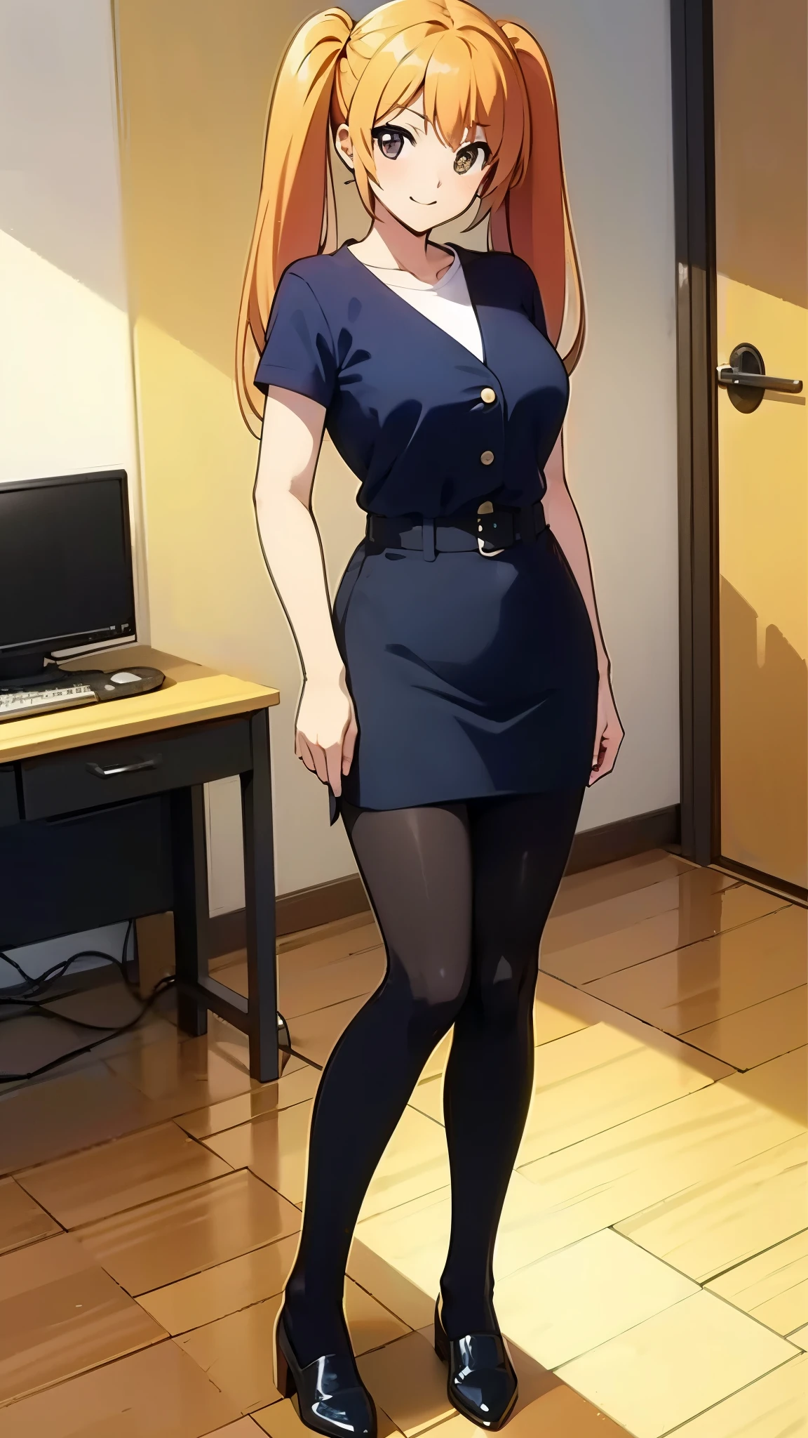 indoor, inside office, wearing dark navy blue office lady, black pumps, black pantyhose, break anime style, masterpiece, best quality, break, orange hair, break high bridge, BREAK super straight hair, BREAK long side twin tails, break standing, full body shot,