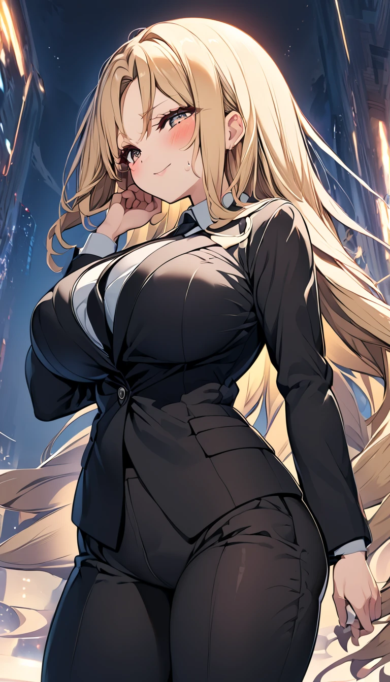  One girl 　 cute girl　 ANIME STYLE　Anime Face　 anime style　Beauty　Big Breasts　 top and bottom black pant suit 　 black shirt　Black color tie　Blonde hair　 straight hair 　 long hair on her face