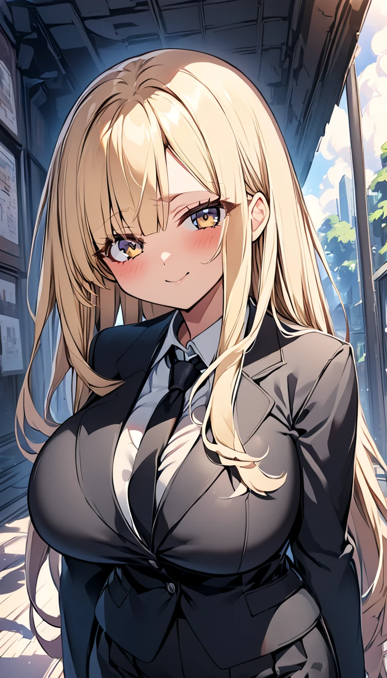  One girl 　 cute girl　 ANIME STYLE　Anime Face　 anime style　Beauty　Big Breasts　 top and bottom black pant suit 　 black shirt　Black color tie　Blonde hair　 straight hair 　 long hair on her face