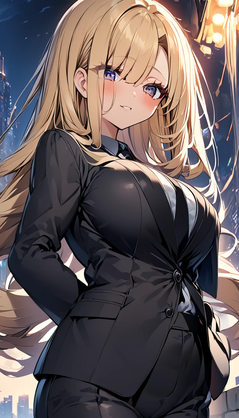  One girl 　 cute girl　 ANIME STYLE　Anime Face　 anime style　Beauty　Big Breasts　 top and bottom black pant suit 　 black shirt　Black color tie　Blonde hair　 straight hair 　 long hair on her face