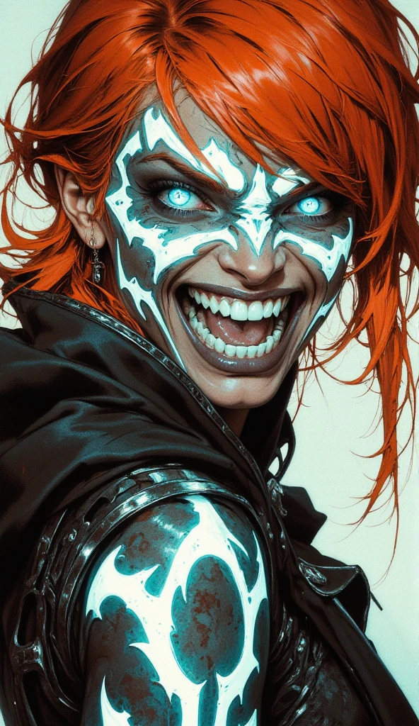 newest, safe, score_9, score_8, score_7, score_6, (masterpiece), high detail, best quality, stunning details, portrait, close up face, white eyes, glowing eyes, mouth open, fangs, glowing tattoo,
BREAK 1girl, red hair, messy hair