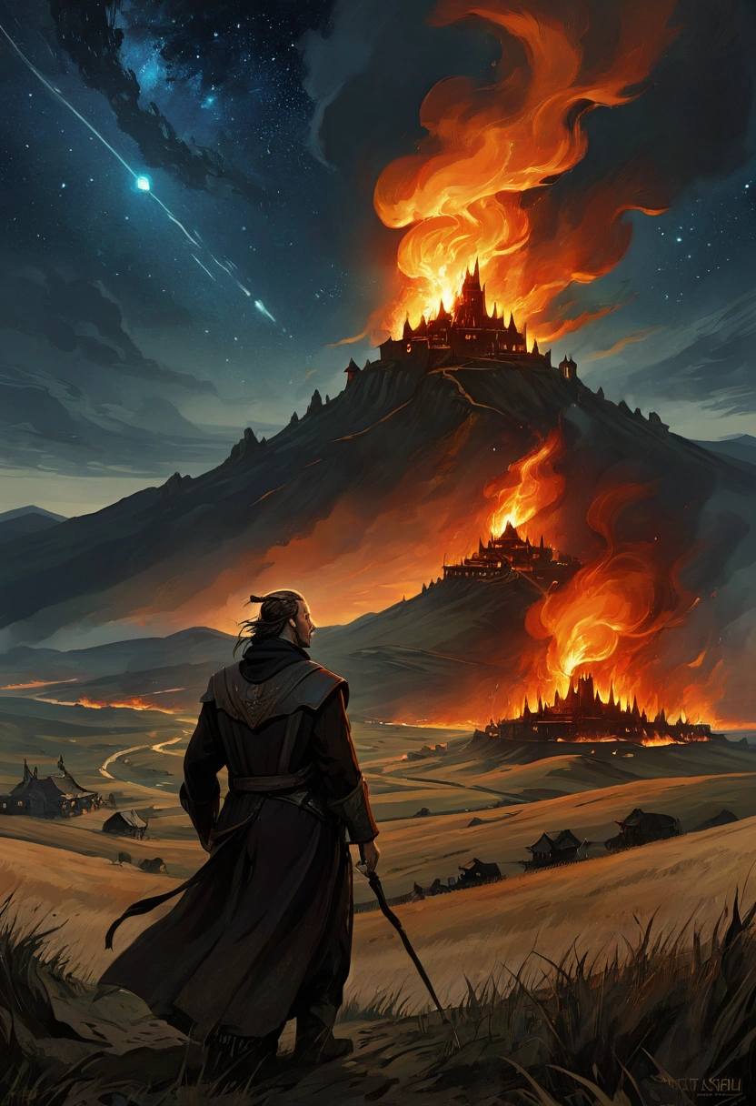 search poster  ,  simple sketch on parchment  ,  dark color painting ,  detailed facial features ,  sci-fi landscape, movie poster ,  cinematic  ,  masterpiece fails,  dark sorcerer on a hill ,  with burning villages in the background , magic, fire in the steppe ,  against the starry sky