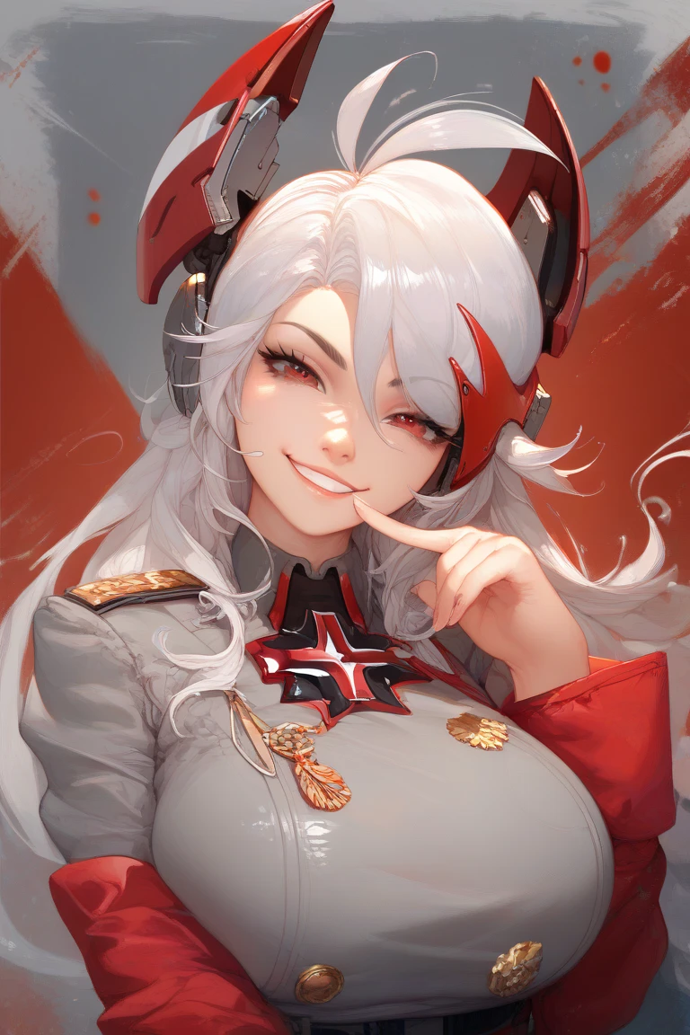 score_9, score_8_up, score_8, Huge breasts, (curvy), cute, eyelashes,     
rating safe, 
BREAK,
zzPrinz, 1girl, solo, silver hair, long hair, red eyes, headgear, antenna hair, grey uniform, red sleeves, finger to mouth, head tilt, slight smile, smug, 
BREAK, eye contact, looking at viewer,
BREAK,
smile, looking at viewer, 
abstract red industrial background, 
zPDXL,