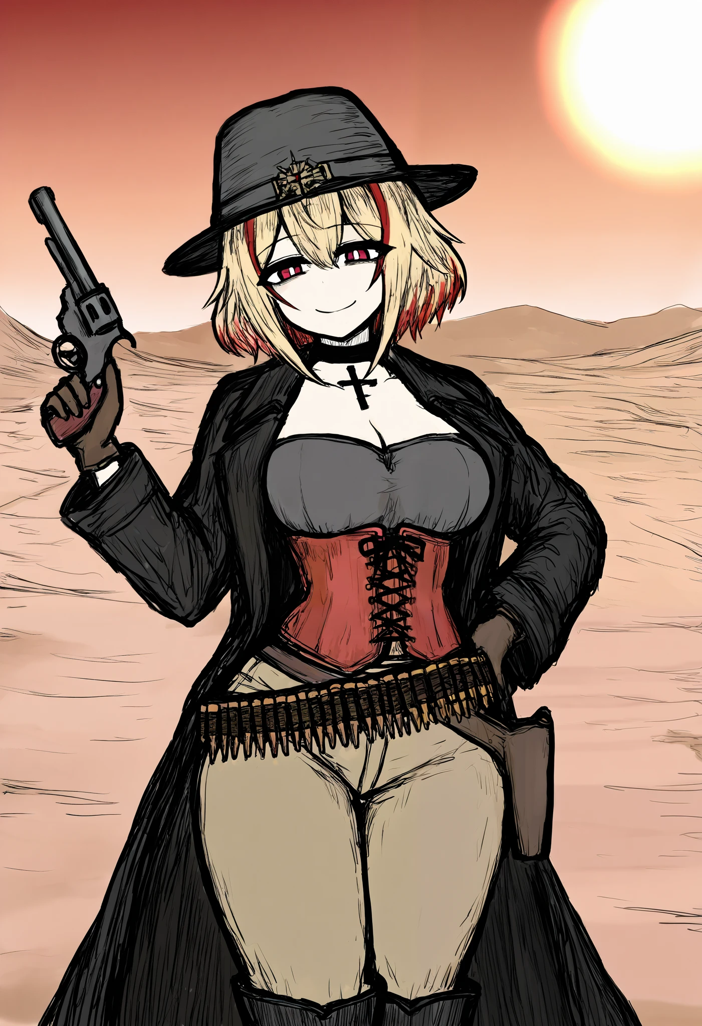 (masterpiece), best quality,solo, perfect face,curvy body,Roon,wide hips,pretty eyes,choker with christian cross,red eyes, between eyes , cowboy shot,smug exprasion,round pupils,looking the viewer, blonde_hair, short_hair, streaked_hair, smile,bob hair, bangs,desert,red corset,brown pants,red canyon background,Stetson hat,leather gloves,sun,armor,fur long coat,black boots,black trench coat,ammo belt,holding a swm29,revolver, black souls style,1 leather holster,
