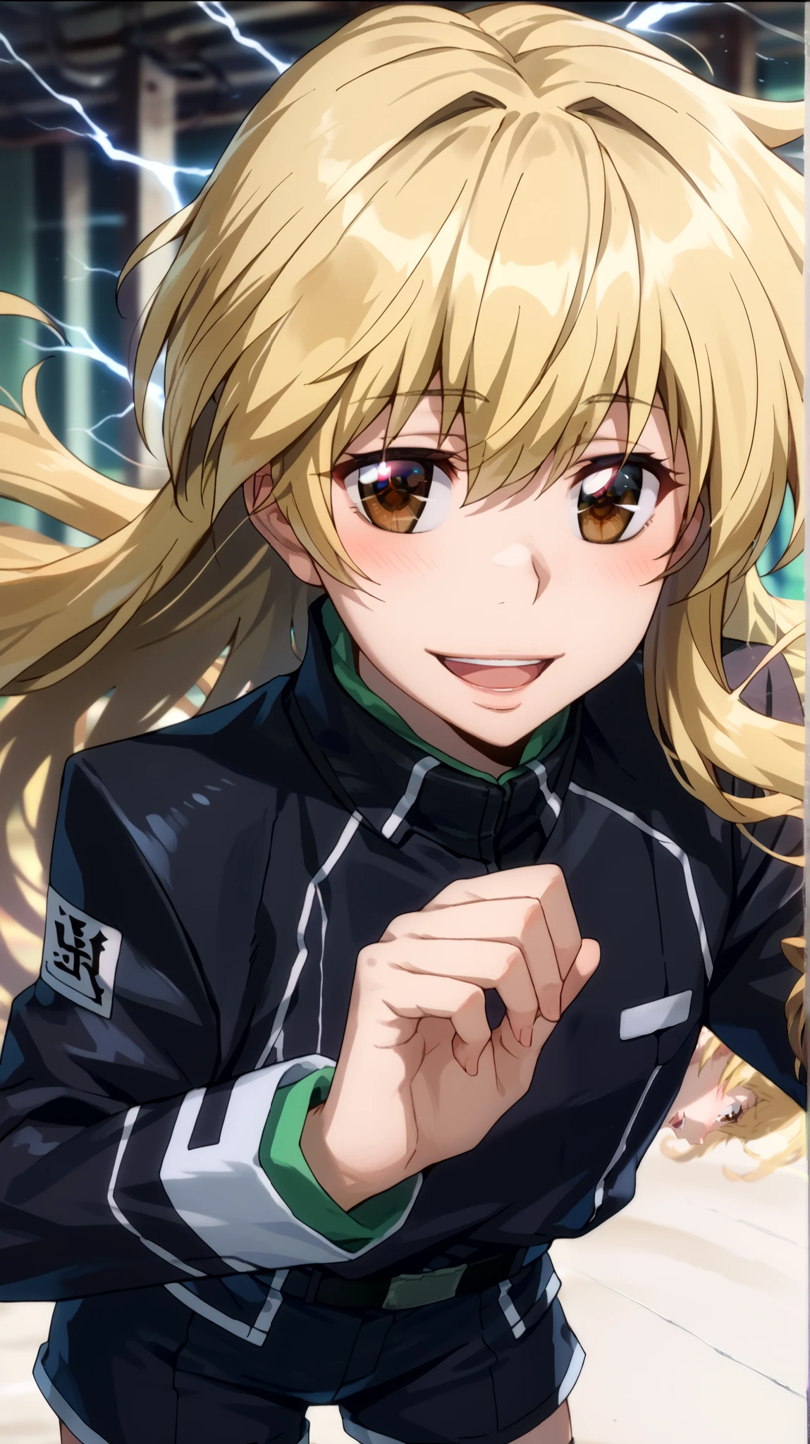  1 girl fights,  clear focus ,  soft lighting , ( Very detailed face  ), ( very detailed eyes  ),  1 adult girl , кареглазая  blonde  ,  Depth of field  , ((  looks at the viewer )),  open mouth , smile,  smiles,  half-turned  (( long yellow hair develops in the wind,  long blond hair to the waist )), shorts,  blonde  ,  leather jacket,  long sleeves,  brown eye  , khaki top  (( military protective top )) , shorts,  black leather thigh length boots  , in the anime style katekyo hitman reborn  ,  against green electric lightning ,  electrical discharges around the body , blush, blushed,  Smile ,  open mouth , open lips, language