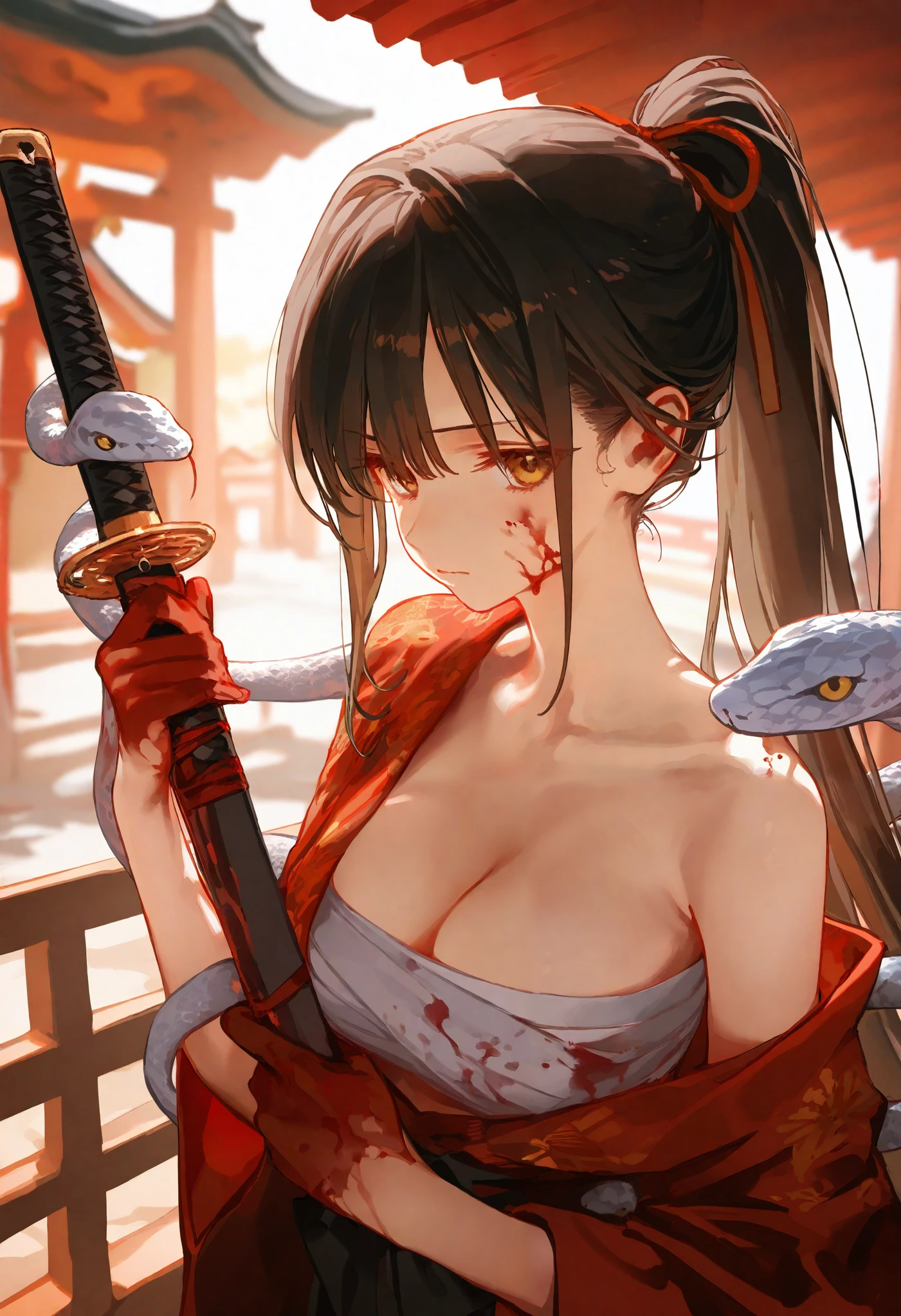 masterpiece, best quality, good quality, tencarcyan_old_type2,
1girl, solo, long hair, breasts, looking at viewer, large breasts, black hair, holding, closed mouth, cleavage, bare shoulders, brown eyes, collarbone, upper body, yellow eyes, ponytail, weapon, japanese clothes, sword, kimono, holding weapon, off shoulder, blood, animal, holding sword, katana, blood on face, sarashi, snake, blood on clothes, single bare shoulder, blood on hands, chest sarashi, white snake, shrine, wooden railing, tired, 