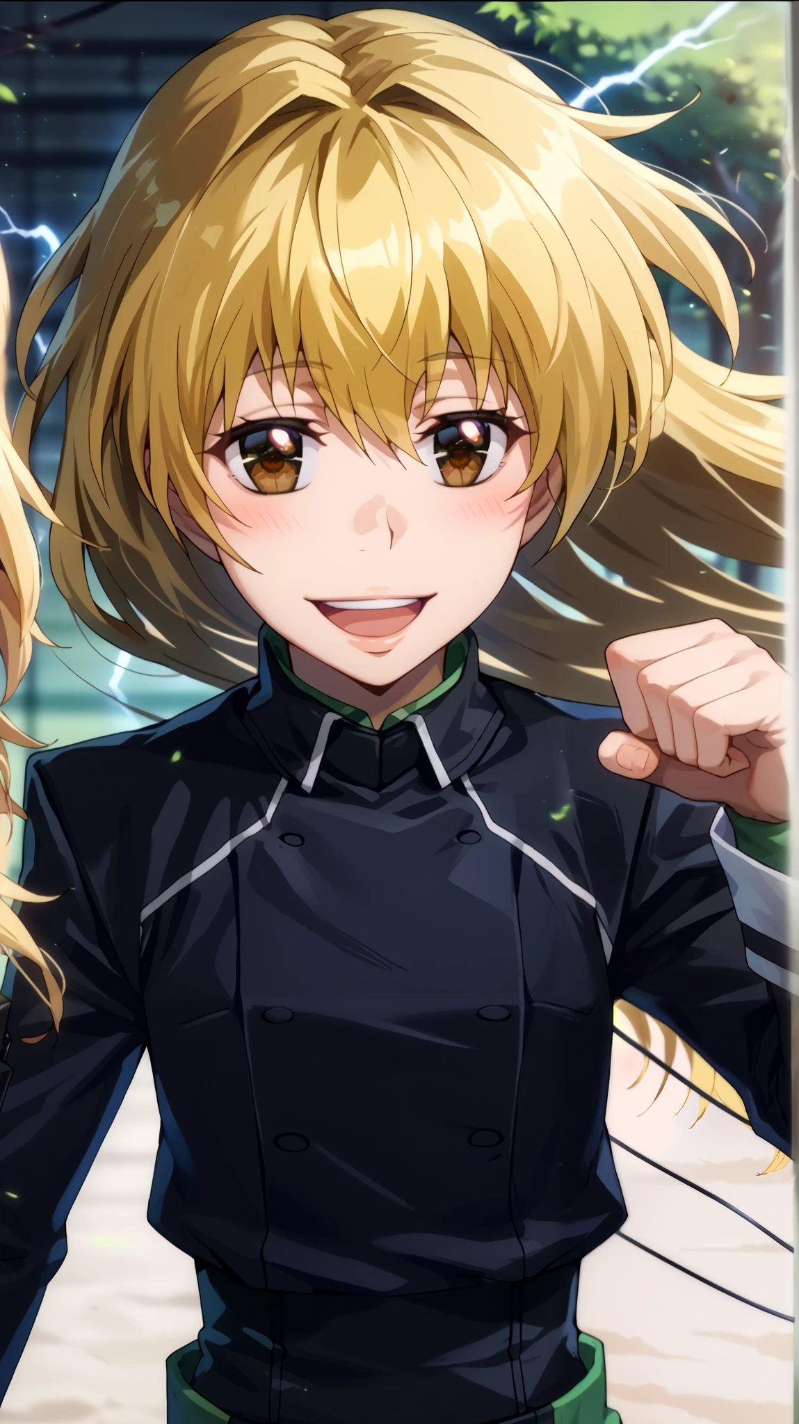  1 girl fights,  clear focus ,  soft lighting , ( Very detailed face  ), ( very detailed eyes  ),  1 adult girl , кареглазая  blonde  ,  Depth of field  , ((  looks at the viewer )),  open mouth , smile,  smiles,  half-turned  (( long yellow hair develops in the wind,  long blond hair to the waist )), shorts,  blonde  ,  leather jacket,  long sleeves,  brown eye  , khaki top  (( military protective top )) , shorts,  black leather thigh length boots  , in the anime style katekyo hitman reborn  ,  against green electric lightning ,  electrical discharges around the body , blush, blushed,  Smile ,  open mouth , open lips, language