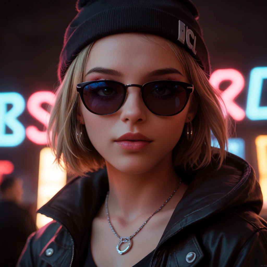 Face close up, alternative girl, watching over black sunglasses, jacket, necklace, neon light reflections on skin, ear ring, makeup, skin imperfection, short hair, beanie, neon lights background, low light, depth of field, highly detailed, high contrast, film grain, Rim Lighting, Long Exposure, DSLR