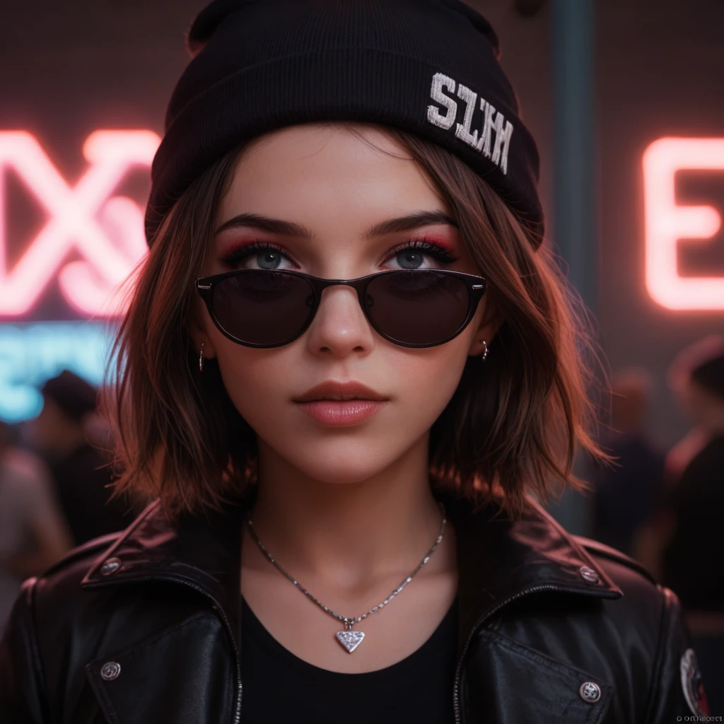 Face close up, alternative girl, watching over black sunglasses, jacket, necklace, neon light reflections on skin, ear ring, makeup, skin imperfection, short hair, beanie, neon lights background, low light, depth of field, highly detailed, high contrast, film grain, Rim Lighting, Long Exposure, DSLR