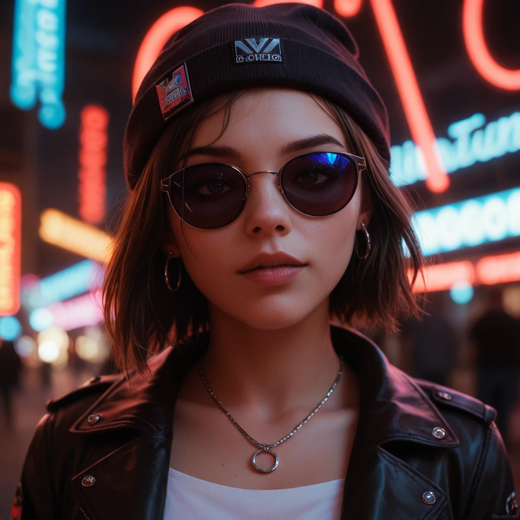 Face close up, alternative girl, watching over black sunglasses, jacket, necklace, neon light reflections on skin, ear ring, makeup, skin imperfection, short hair, beanie, neon lights background, low light, depth of field, highly detailed, high contrast, film grain, Rim Lighting, Long Exposure, DSLR