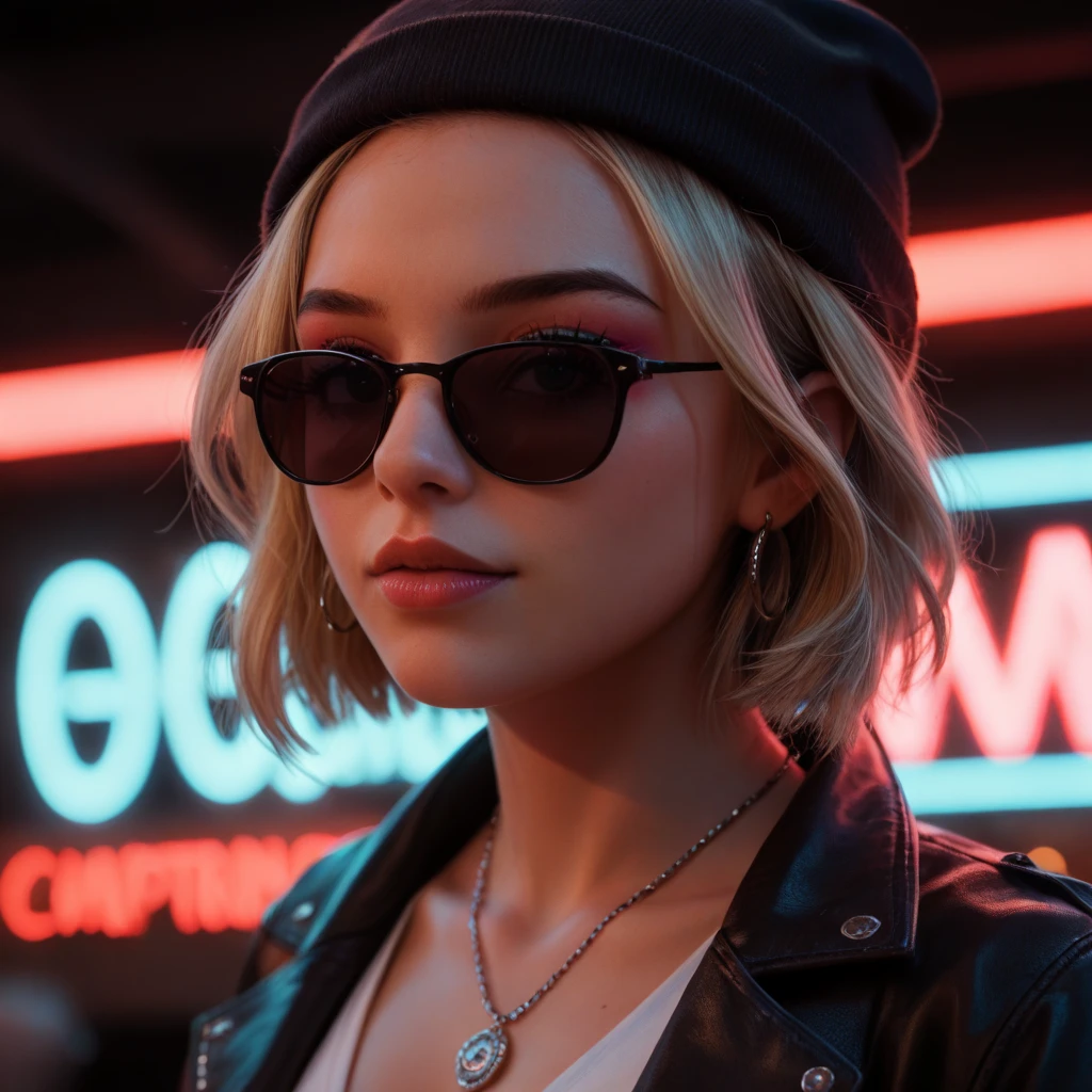 Face close up, alternative girl, watching over black sunglasses, jacket, necklace, neon light reflections on skin, ear ring, makeup, skin imperfection, short hair, beanie, neon lights background, low light, depth of field, highly detailed, high contrast, film grain, Rim Lighting, Long Exposure, DSLR