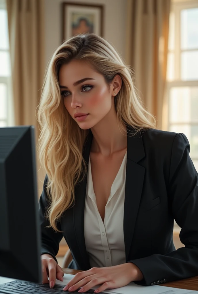 a beautiful girl with long blonde hair, detailed eyes, nose, and lips, wearing  professional outfit, siting in her office, using her computer, hp comuter (best quality,4k,8k,highres,masterpiece:1.2),ultra-detailed,(realistic,photorealistic,photo-realistic:1.37),HDR,studio lighting,extremely detailed face and body, portrait,cinematic lighting,dramatic lighting,warm color tones,dramatic colors