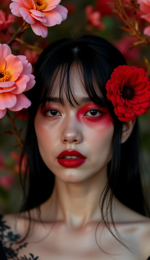 Woman's secrets whispered in twilight's hush: A Wong Kar Wai-esque close-up captures the mystery of a lone female, her raven tresses adorned with a vibrant red flower. Half-bodies entwined with pink and orange blooms, as if trying to conceal truths behind her striking red lips. One eye veiled, she gazes directly at us, collarbone and bare shoulders framing the beauty within. Shot on Fujifilm 100mm lens, filtered through film grain texture, color temperature set at 3200K, with a whisper of twilight's warmth.