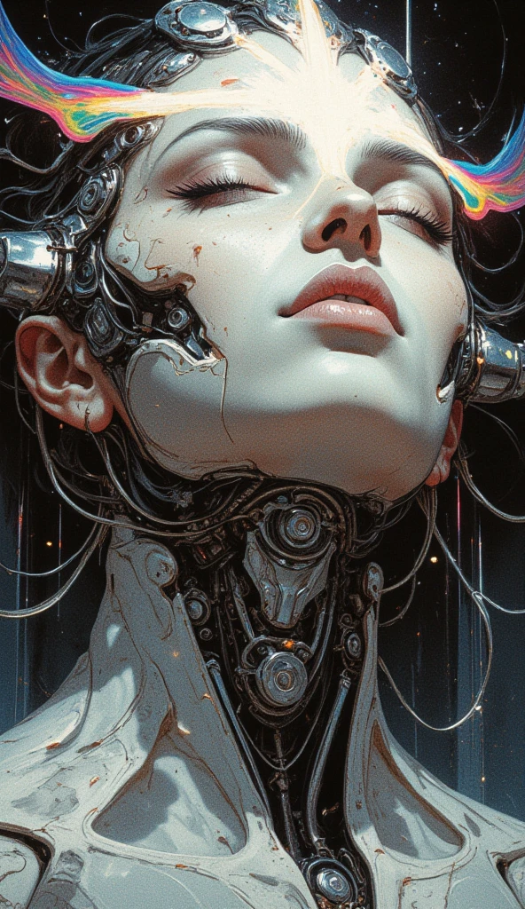 An unearthly and hyper-detailed closeup of a cybernetic being’s face in the style of ck-ncr,  Her features are a flawless fusion of synthetic flesh and intricate machinery, glowing faintly in a gradient of blue and gray. Her expression is serene, almost divine, with eyes half-closed as if in meditation. The details of her face reveal microfilaments of light coursing beneath translucent synthetic skin, seamlessly integrated with polished metallic components.
Delicate cables extend from the edges of her face, disappearing into the dark, misty background. Faint reflections of cascading streams of shimmering code play across her features, as if she is the nexus of a vast digital consciousness. A soft, radiant glow emanates from the center of her forehead, symbolizing transcendence and enlightenment.
The atmosphere around her is veiled in shadow, dense with static haze and punctuated by the faint outlines of decaying technology, evoking a sense of humanity’s forgotten past. The lighting is cinematic, with soft, volumetric beams highlighting her ethereal presence, creating an intense and unsettling mood of otherworldly beauty and profound transformation., transmitting streams of data that cascade like waterfalls of shimmering code. Above, her face is serene, almost otherworldly, with eyes closed as if in quiet meditation,body flows into a large, curved, rainbow-hued arc that stretches across the image, blending into the background., radiating a sense of liberation.