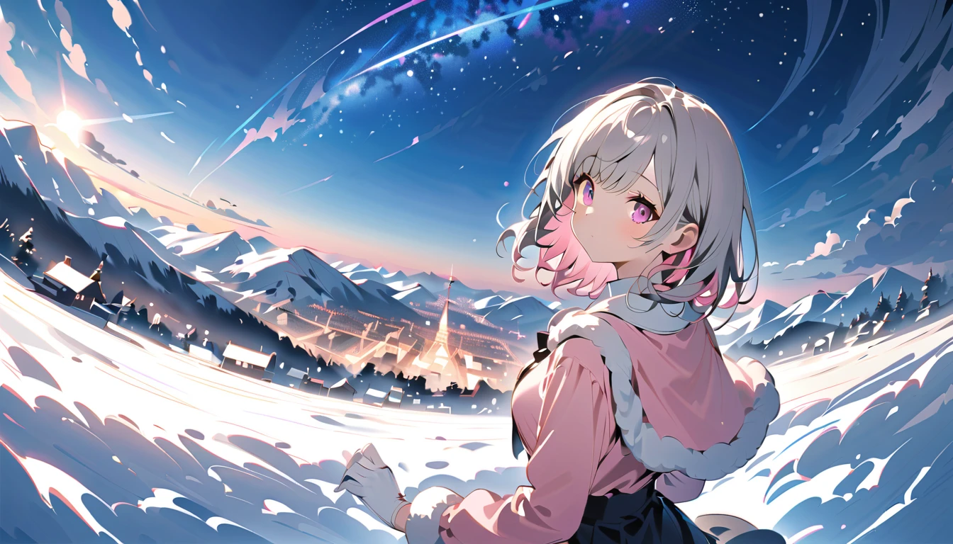 ベンチに座って looks up at the 空、 back view、満点の starry sky 、 backlit、Snow trails 、 Profile gazing into the distance 、  満点の starry sky 、 fisheye lens、 snowy winter cityscape 、 . starry sky    を    looks up at the   . backlit、 Rear View 、   rear view、Backwards、       snowy white road      、      white snow road       、   gloves、    muffler    、    White Breath、    starry sky    、、   Lift Your Face  、  knight の冬街、 Illuminations、   amazing light、  knight 、     thick boa coat       、    long coat and       、    muffler    、、   wear a thick coat    、    Sing in the Winter Sky   、snowy town、asymmetry bangs, swept bangs.,extends hands、 、{{{masterpiece}}}, {{{ top quality}}}, {{     super detailed    }}, {beautiful detailed eye}, 1     girl    ,Alone, ((    gray hair)),(bangs), Angle from above、     looks up at the    ,     girl     ,Midea,eye、     dynamic angle     、Long     gray hair、     pink hair 、Alone、     medium hair 、白い    medium hair 、     long hair、     bob hair、    }     white collar long sleeve pink shirt    {x} 肩くらいまで伸びる    gray hair 、    pink hair with pink tips  、     medium hair ー、       hair inner color is pink     、       hair down shoulders       、 pretty     girl    、Detailed eye、Anime、     Shirogane Noel、   black skirt、       hair down shoulders       、Alone、 1     girl    、E art style 、 The light shines 、Beautiful Shadows、Alone、