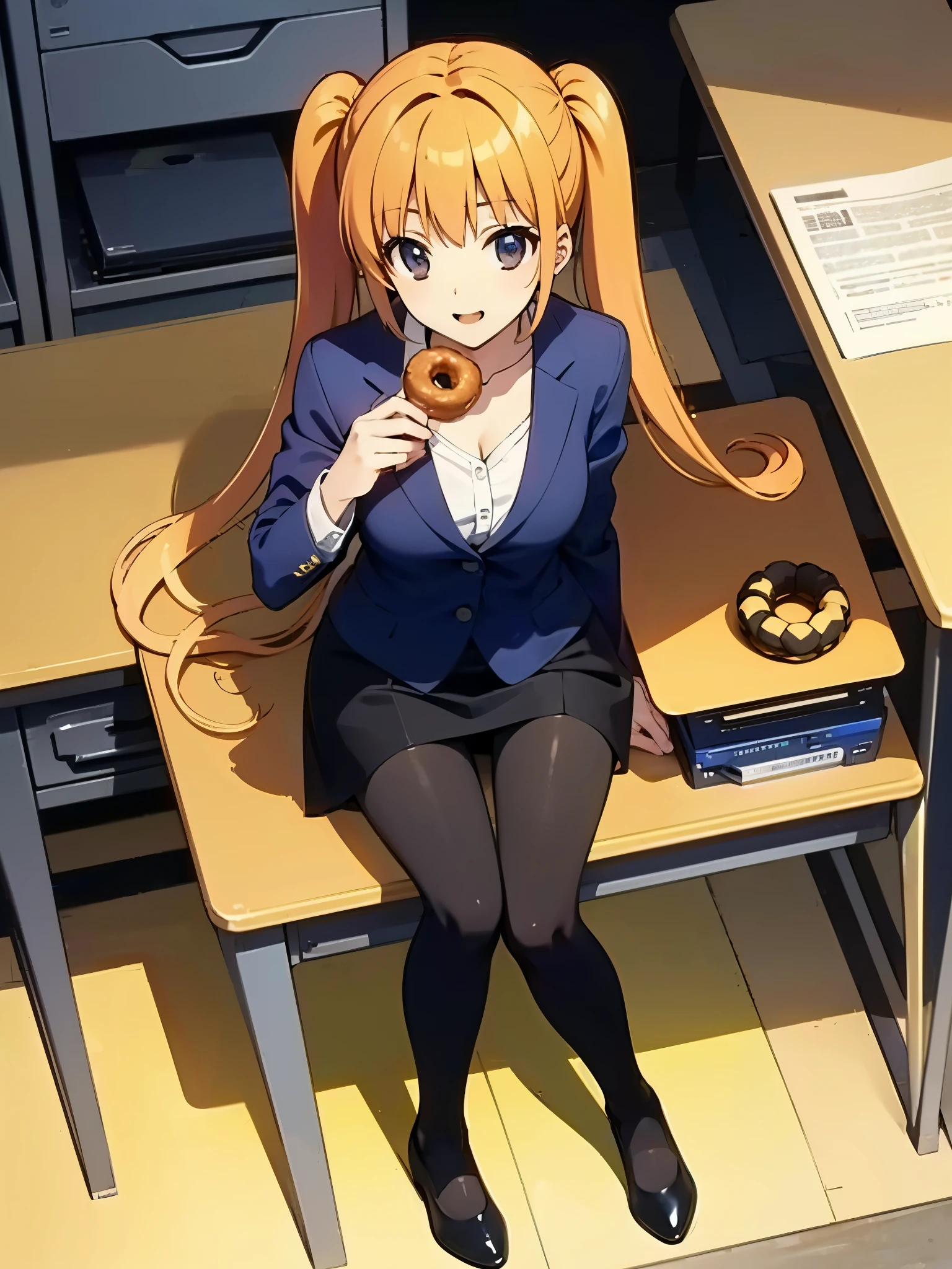 indoor, inside office, office desk, wearing dark navy blue office lady, black pumps, black pantyhose, break anime style, masterpiece, best quality, break, orange hair, break high bridge, BREAK super straight hair, BREAK long side twin tails, break from above, sitting office chair, have a doughnut use right hand, eating doughnut,