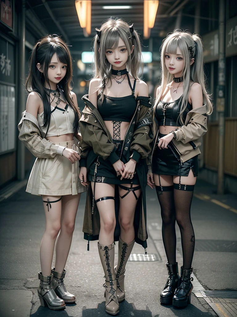 (Three Girls, 3 girls:1.5)、(Full Body View:1.2)、(Smiling with teeth showing:1.3),(Shibuya Gal:1.5)、(Beautiful gravure model:1.5)、(Neo-goth fashion:1.5)、(Punk RockVisual Kei:1.5)、(An off-the-shoulder hoodie in olive and beige colors, adorned with delicate silver accessories.:1.5)、(Beige and white corset with delicate design:1.4)、(Olive and white snakeskin bodysuit:1.5)、(head band:1.3)、(Beige and olive knee socks:1.4)、Embellished collar and long boots、(I'm selling snake print underwear.:1.4)、(Long eyelashes:1.3)、(20-year-old)、((Highest quality、8k、masterpiece:1.3))、Slim and beautiful abs:1.3、(hairstyle casual、Beautiful boobs:1.1)、(Doing an aerobics pose:1.3)、dress:1.1、Super small face、Narrow eyes、double eyelid、A sloppy smile、Esbian all over body、Dynamic Angle、Close-up、CPL Filter、Blurred Background、Bokeh、Blue Hour、Detailed face and skin texture、Detailed eyes、,(Twin tails:1.3)、(Black brown hair:1.3)、Gravure idol、(The background is a bright and glamorous fashion show stage.:1.3)、(Make your legs thinner:1.4)、(Slim Body:1.3)、(clavicle:1.1)