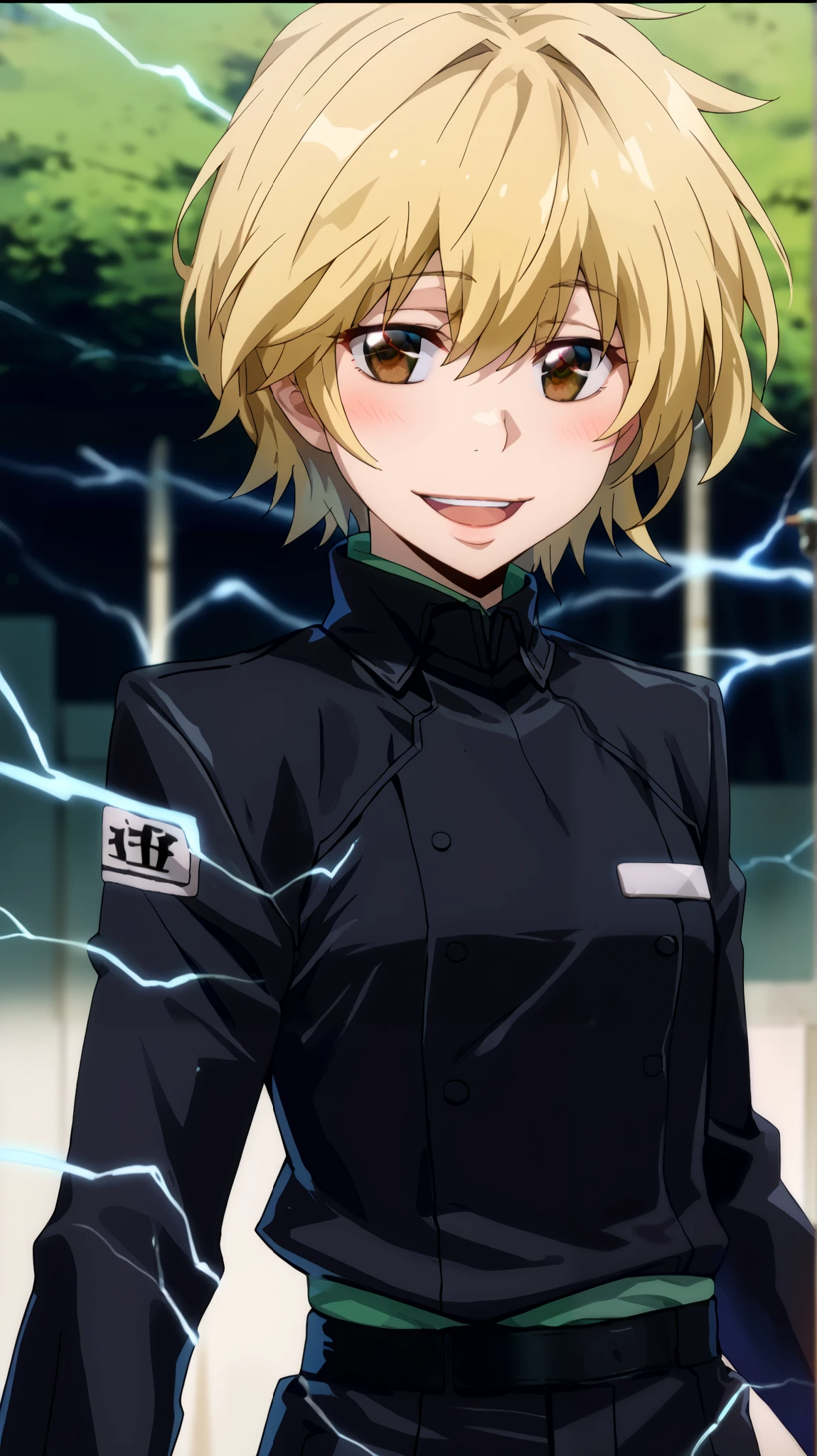  1 girl fights,  clear focus ,  soft lighting , ( Very detailed face  ), ( very detailed eyes  ),  1 adult girl , кареглазая  blonde  ,  Depth of field  , ((  looks at the viewer )),  open mouth , smile,  smiles,  half-turned  (( long yellow hair develops in the wind, long yellow hair to the waist , waist-length hair)), shorts,  blonde  ,  leather jacket,  long sleeves,  brown eye  , khaki top  (( military protective top )) , shorts,  black leather thigh length boots  , in the anime style katekyo hitman reborn  ,  against green electric lightning ,  electrical discharges around the body , blush, blushed,  Smile ,  open mouth , open lips, language