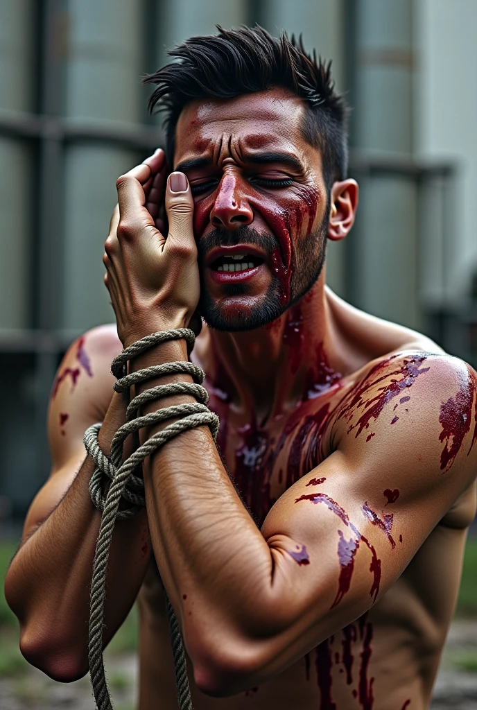 A madman chained and with wounds on his body