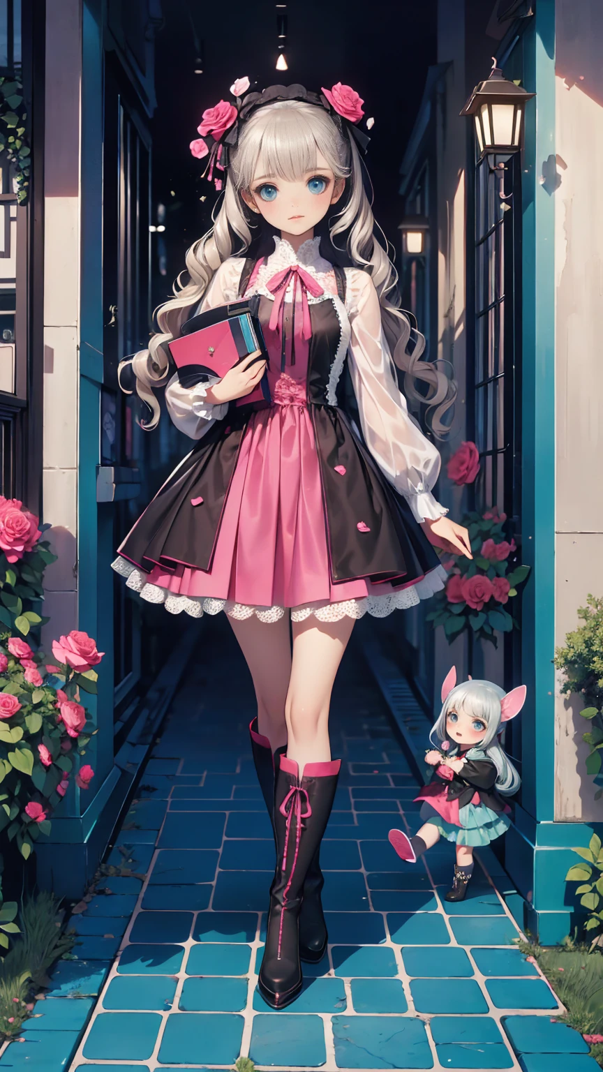 ( masterpiece : 1.2), (    very detailed: 1.2), (    very detailed CG: 1.2), (    high image quality: 1.2), (最    high image quality), 8k,    animated illustration   , 、     beautiful girl 、とても  cute天使、    pink gothic dress 、  cute、*********、smile、    long skirt、   Black Long Boots   、 grey pink pants  ，Turquoise Eye，  cute女性 *****，street，   Candy Store   ， sign，European Buildings，Slate pavement，Rose flower，
