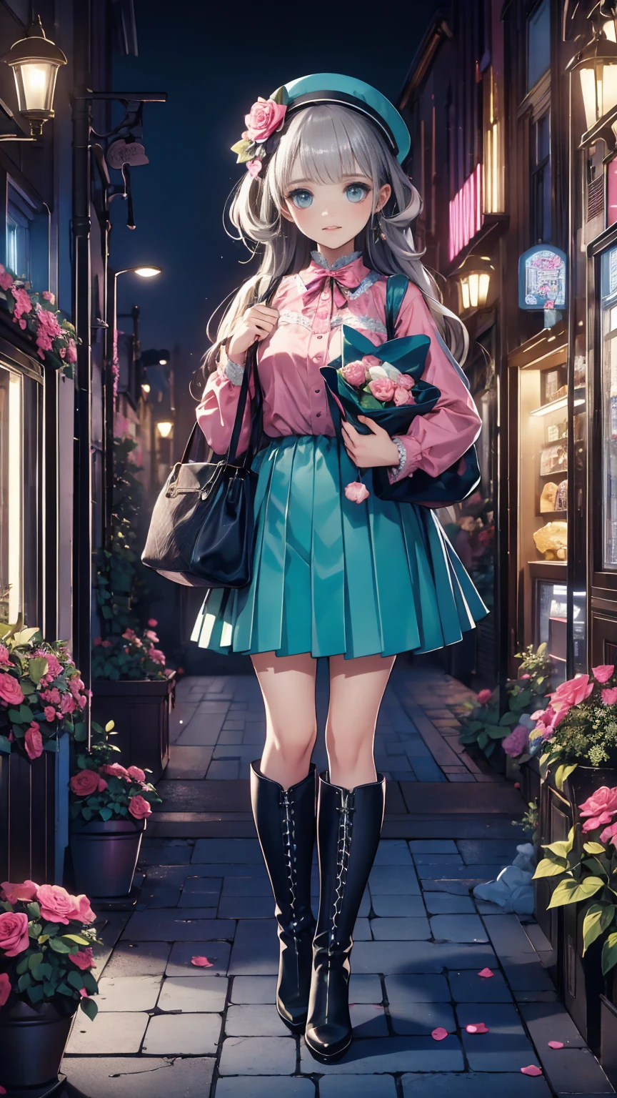 ( masterpiece : 1.2), (    very detailed: 1.2), (    very detailed CG: 1.2), (    high image quality: 1.2), (最    high image quality), 8k,    animated illustration   , 、     beautiful girl 、とても  cute天使、    pink gothic dress 、  cute、*********、smile、    long skirt、   Black Long Boots   、 grey pink pants  ，Turquoise Eye，  cute女性 *****，street，   Candy Store   ， sign，European Buildings，Slate pavement，Rose flower，
