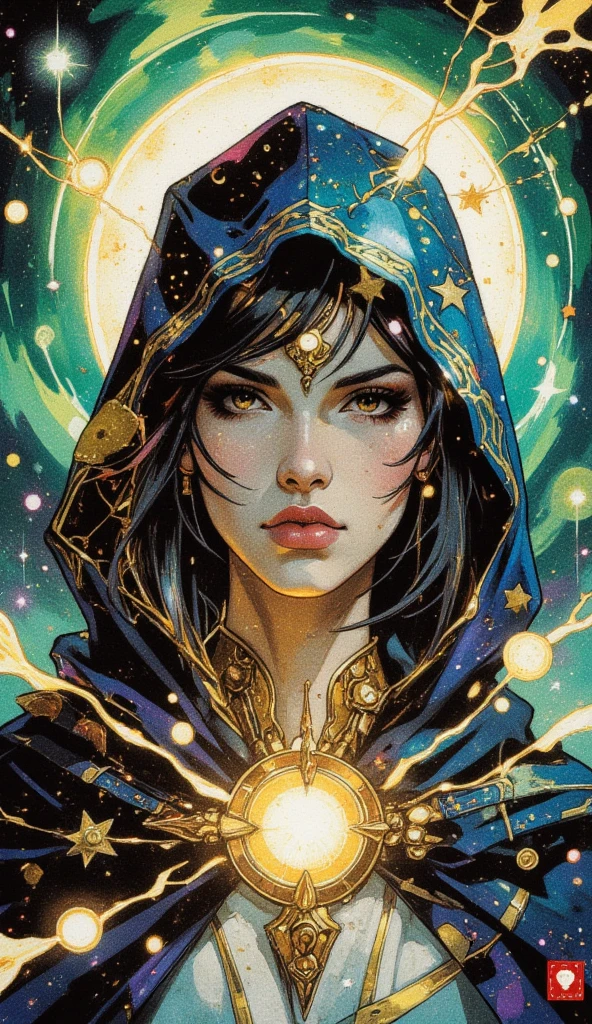 A mystical, otherworldly woman draped in a celestial-themed hooded cloak, intricately adorned with glowing constellations, stars, and cosmic patterns. The cloak is a rich, deep blue, resembling the night sky, and shimmers with golden and multicolored lights that weave and pulse like living energy. The womanâs face is partially shadowed by the hood, adding an air of mystery, with her sharp features illuminated softly by the cosmic glow. Her skin is subtly speckled with star-like freckles, blending seamlessly with the cosmic theme.
Her lips are painted in a bold, deep shade of crimson, adding contrast to her ethereal look. Her piercing, otherworldly eyes gaze directly ahead, exuding wisdom and an enigmatic allure. The background is a swirling aurora of vibrant green, teal, and purple hues, reminiscent of a nebula, filled with a soft glow and floating orbs of light that appear to dance around her.
The atmosphere is magical and serene, with a sense of cosmic power and mystery. Golden strands of light wind around her cloak and extend outward, blending into the ethereal surroundings. The overall composition feels luminous, with a harmonious balance between the glowing cloak, her radiant presence, and the swirling, celestial backdrop.
 