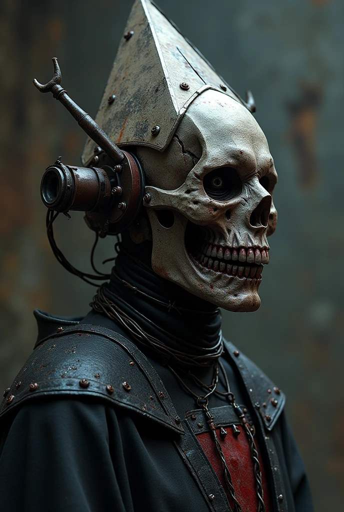 tall thin 50 year old man evil villain, half of the face is decomposed and very rotten showing the larvae, showing some of the bones, Wearing medieval clothes, Snow Background, realisitic