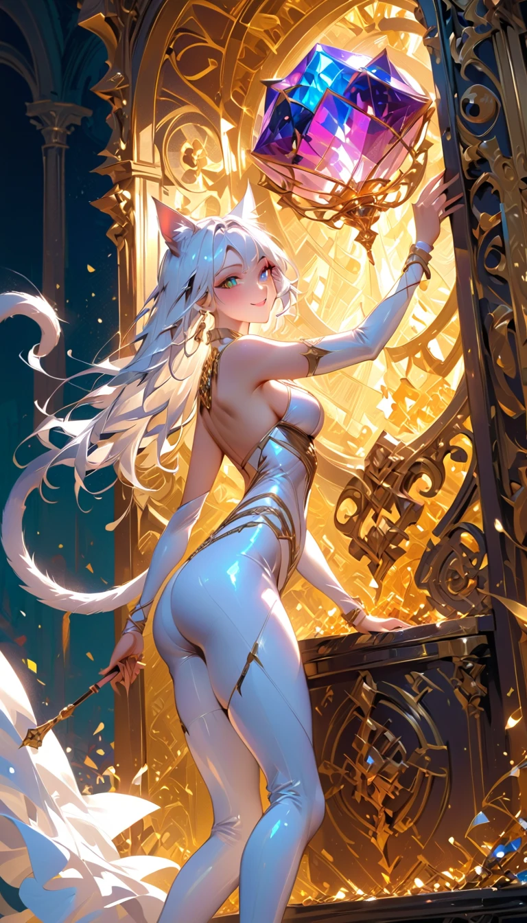 (Gorgeous 18-year-old kemonomimi woman, Highly detailed Soft pale skin texture, Perfect Beautiful ultra-detailed Cute and youthful face, Detailed piercing eyes, Well-defined eyebrows, Eye makeup: 1.37 Delicate nose, Slim, Smile, Standing, Sexy seduction, Highest quality, Best illustration, Bright and glowing skin Ultra-detailed Tight Fitness body: 1.37, Plump and round lips: 1.37, Long flowing hair: 1.37, Luscious, plump: 1.37, Sparkling sequins: 1.37, Subtle: 1.37, Soft, warm: 1.37, Beautiful detailed Busty animal ears: 1.37, Very three-dimensional: 1.37, Medium breasts: 1.37, High detail: 1.37), (Cinematic lighting, IMAX camera, HDR, DTM, Depth of field, 8K picture quality, 4K, 8K, Unreal Engine 5, Octane render, Realistic: 1.37, Photo-realistic: 1.37, Ultra-detailed: 1.37, Masterpiece: 1.37), (Physical Rendering, Professional Lighting, Photon Mapping, Radiosity, Soft Light, Best shadow, Lens Reflection: 1.37, Sharp focus: 1.37), (Masterpiece: 1.37, Dungeons & Dragons Theme: 1.37, Detailed Dungeons & Dragons background: 1.37)