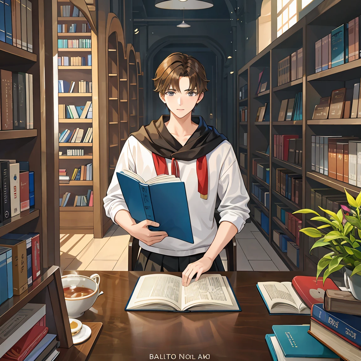 A brown-haired male student majoring in architecture is buried in countless books and is passionate about reading