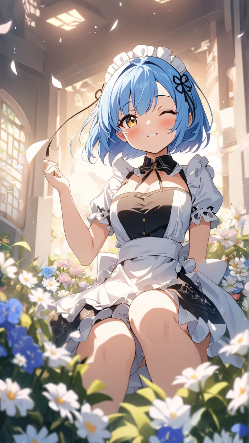 (masterpiece, highest quality), Rem,Re:zero, 1 girl, blue hair, short hair, bangs, Green and yellow eyes , hair between eyes, hair ornaments, maid headdress, hair flower, side lock, medium breasts, neck ribbon, cleavage cutout, side boob, naked apron, looking at the viewer, dynamic pose, smile,happiness,